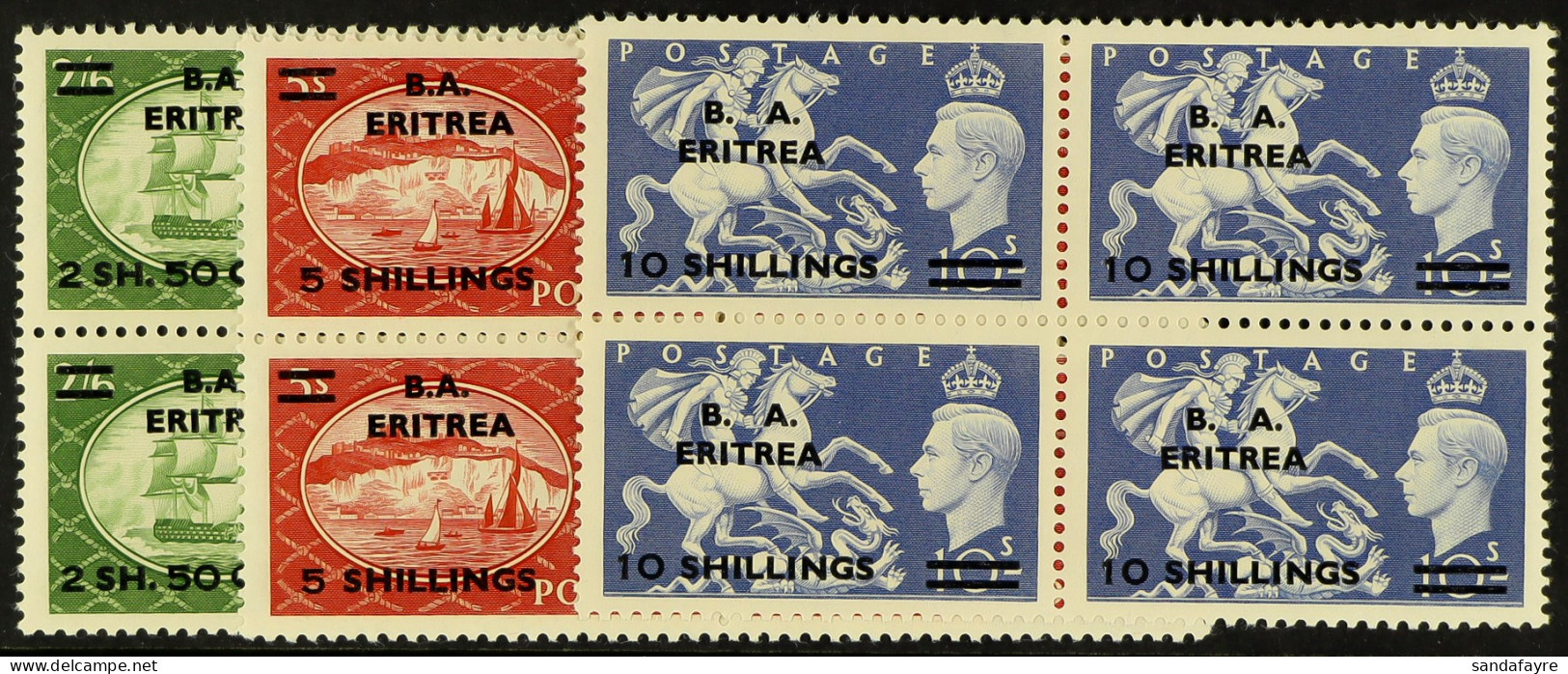 ERITREA 1951 2s,50c On 2s.6d To 10s On 10s, SG E23/25, In Never Hinged Mint Blocks Of Four. (3 Blocks) - Afrique Orientale Italienne
