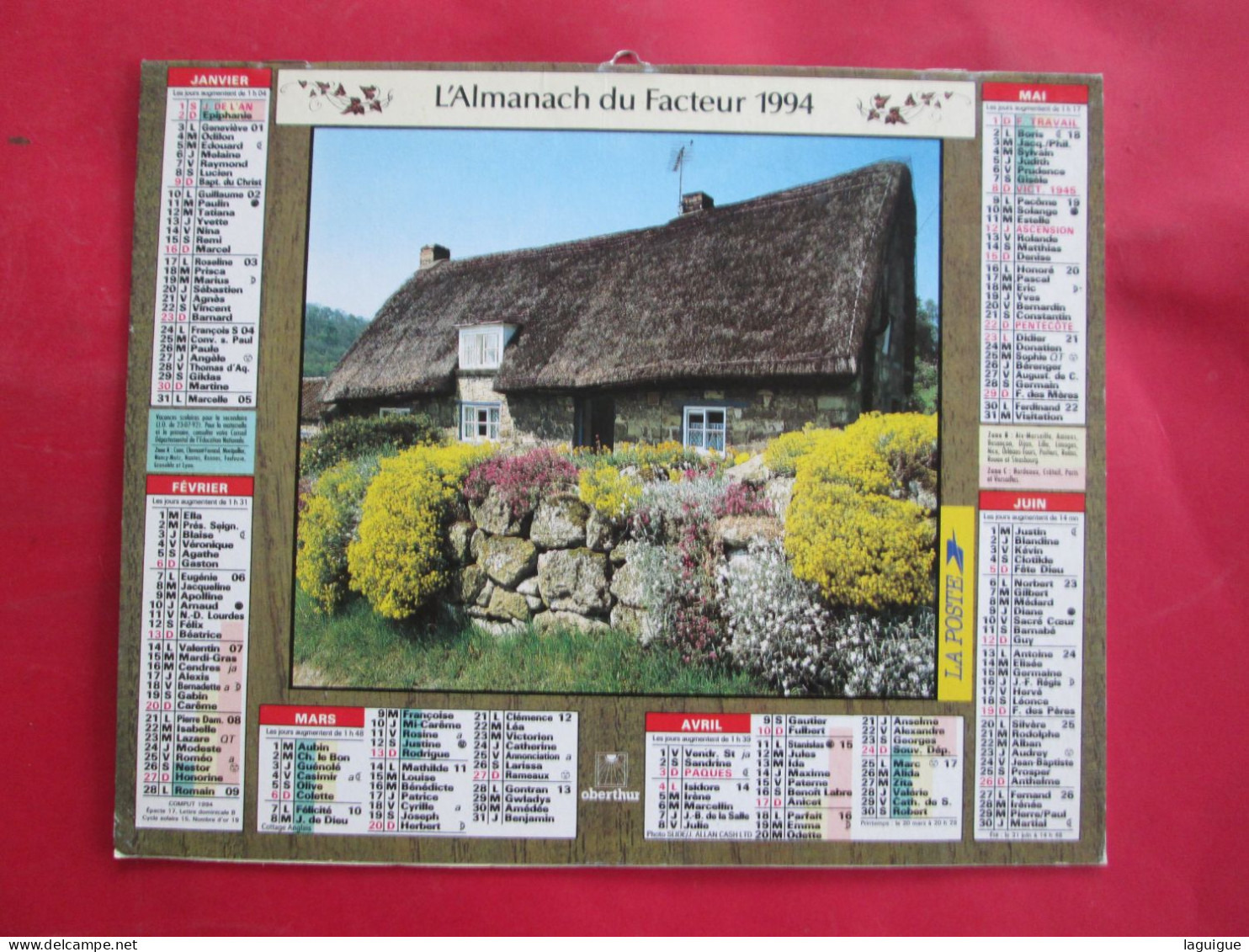 CALENDRIER ALMANACH 1994 CHAUMIERE TOIT DE CHAUME CAMPAGNE OBERTHUR - Formato Grande : 1991-00