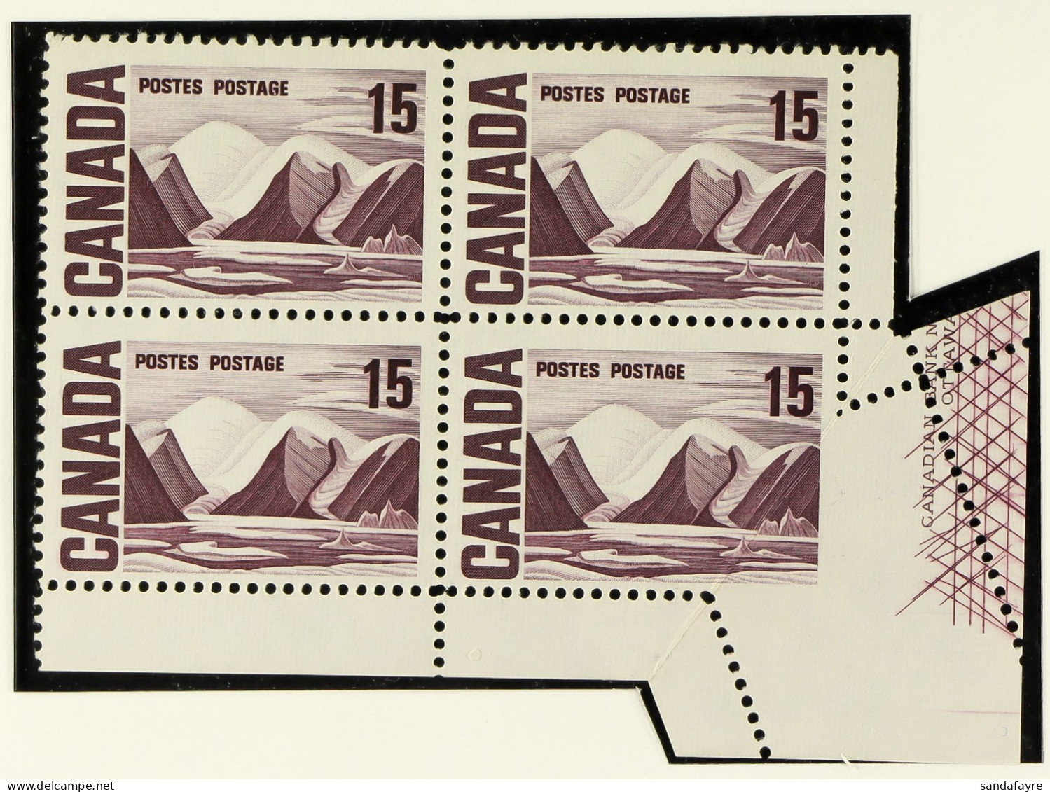 1967-73 15c Dull Purple Centennial Block Of 4 From The Lower-right Sheet Corner, Exhibits Dramatic Corner Fold Misperfor - Other & Unclassified