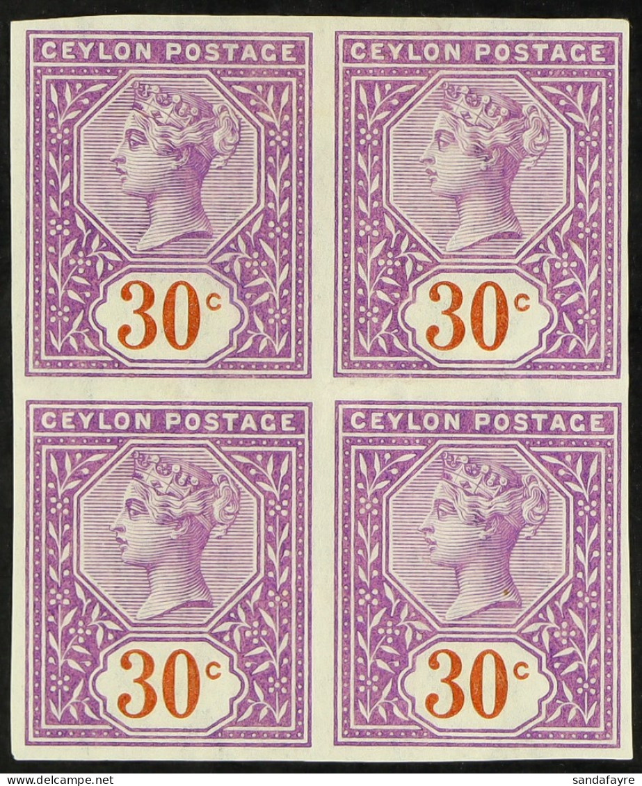 1893 30c Bright Mauve And Chestnut (as SG 247) IMPERF PROOF BLOCK FOUR On Gummed, Watermarked Wove Paper. Lightly Hinged - Ceylan (...-1947)