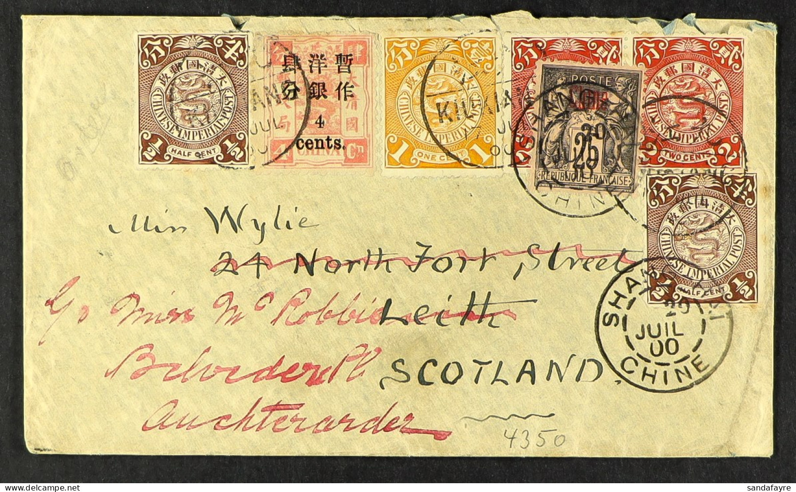 1900 (17 Jly) Env From Kiukiang, Via The French PO At Shanghai, To Scotland Bears A Spectacular 7- Stamp Franking Of The - Other & Unclassified