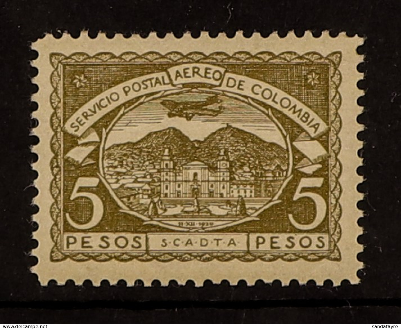 SCADTA 1921 5p Brown-olive SG 28 (Scott C35, $325 For Hinged), Never Hinged Mint. Cat Â£375. - Colombie