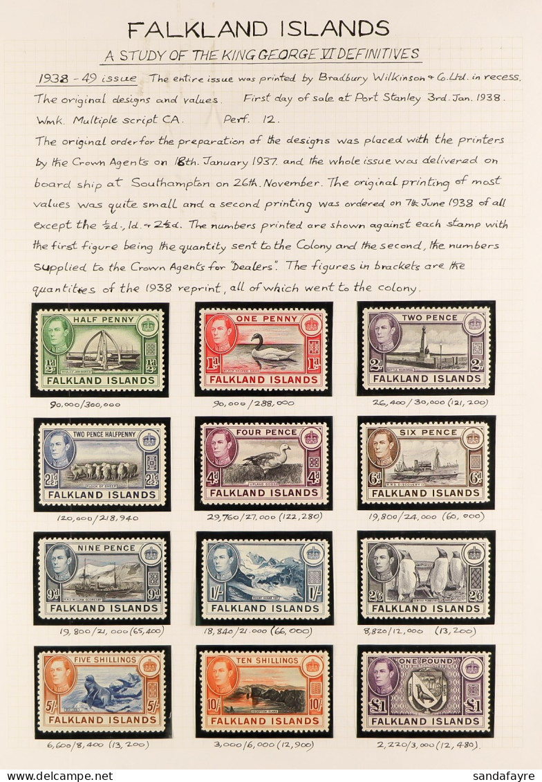 1938-50 STUDY COLLECTION Of The KGVI Definitive Set, SG 146/163, Incl. The Basic Set Mint And Used (less 5s), Further Bl - Falkland
