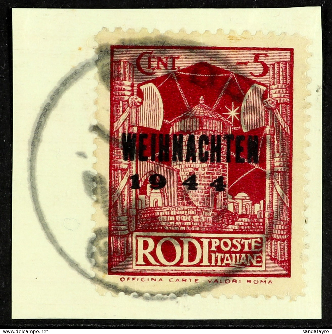 RHODES -  INSELPOST 1944 'Weihnachten' Overprint Type II On Rodi Issue, Michel 12 II, Very Fine Used On Small Piece Tied - Sonstige & Ohne Zuordnung
