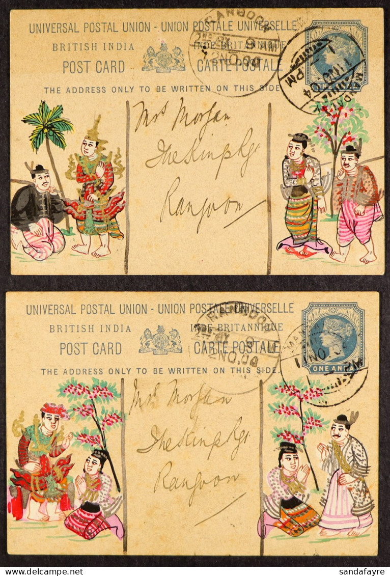 1904 Two 1a Postal Stationery Postcards, Mandalay To Rangoon, Each With Delightful Colourful Hand Painted Local Costumes - Altri & Non Classificati