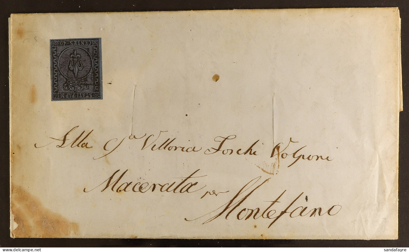 PARMA - DISINFECTED MAIL. 1855 (July) EL To Macerata Bearing 40c Blue (Sassone 5) With Four Margins, Tied By Light 3-lin - Unclassified