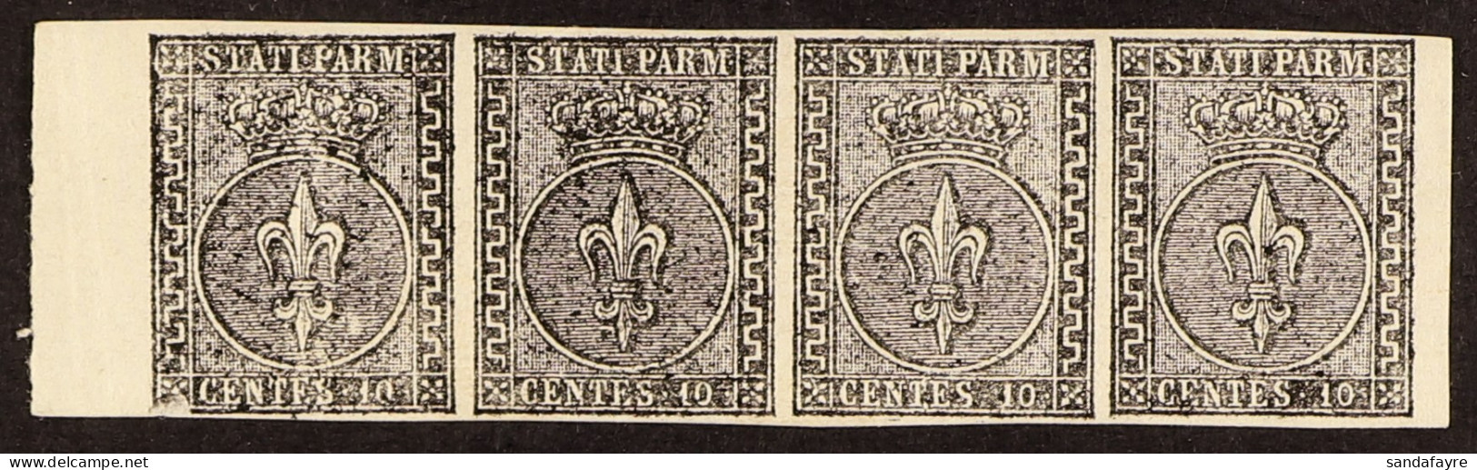 PARMA 1852 10c Black On White, Sassone 2, Mint Strip Of Four With Full Margins, Sheet Margin At Left And First Stamp Wit - Ohne Zuordnung