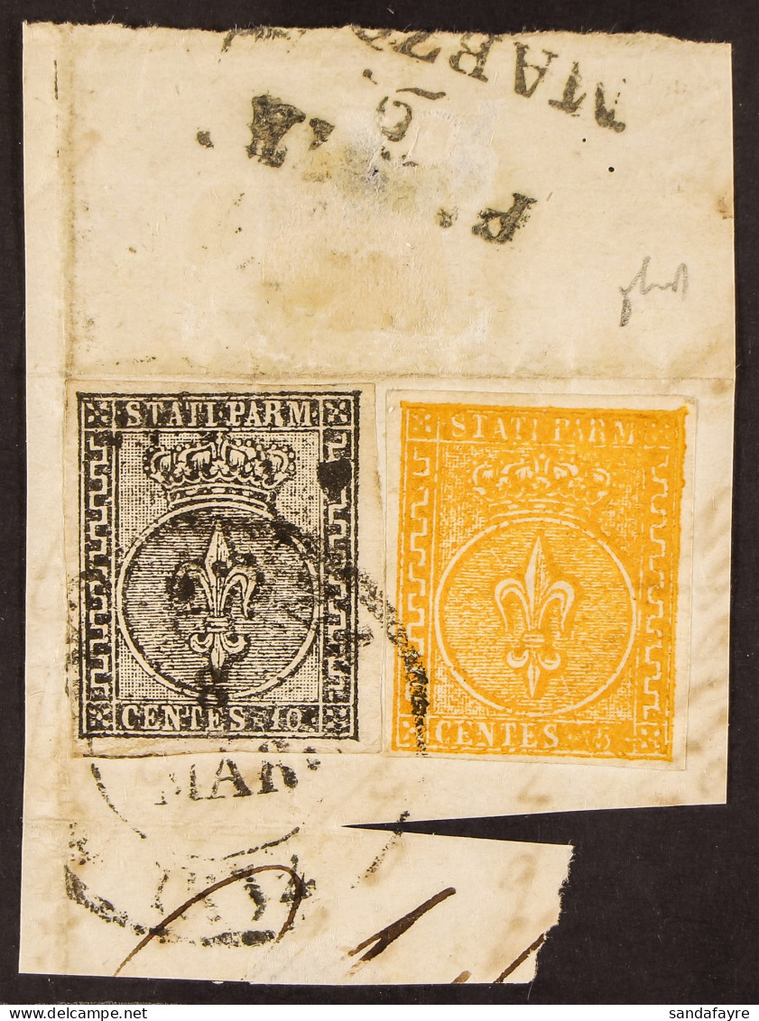 PARMA 1852 10c Black On White And 1853-55 5c Orange-yellow (SassoneÂ  2, 6), Each With 4 Margins & Tied To Single Piece  - Unclassified