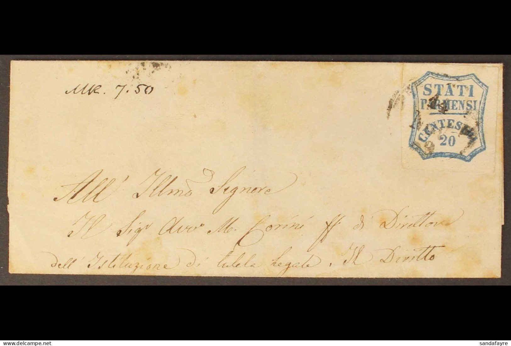 PARMA 1859 Wrapper To Genova Bearing 20c Blue Provisional (Sassone 15) With 4 Large Margins, Tied By Parma 11 Nov 59 Cds - Zonder Classificatie