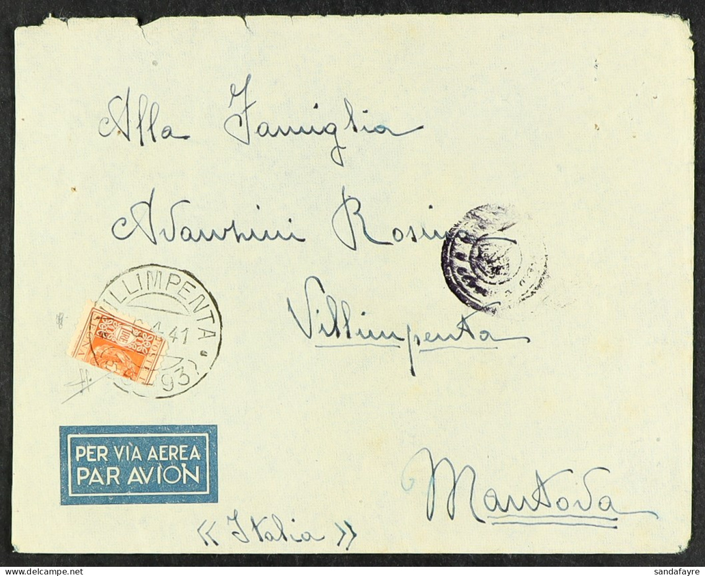 1941 (6 Apr) Stampless Env To Italy From POW In Egypt Bears 1941 Postage Due 1L Orange BISECTED And Tied Arrival Cds Of  - Non Classés