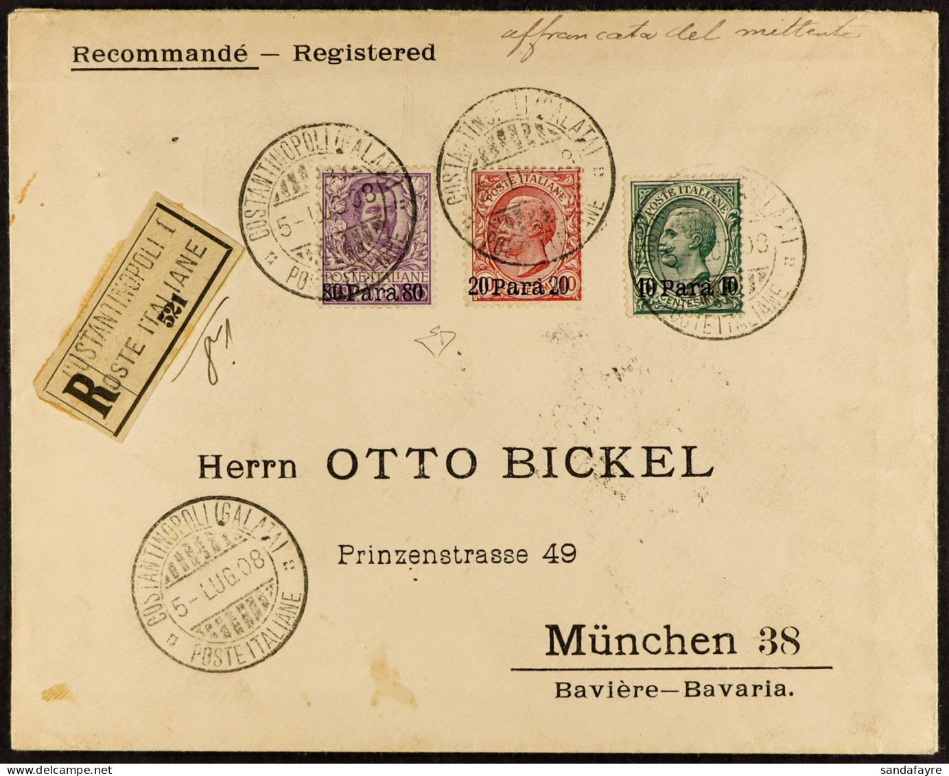 CONSTANTINOPLE 1908 (5 Jul) Envelope Registered To Germany, Bearing 1907 10pa, 20pa & 80pa (Sassone 10-12) 3-colour Fran - Other & Unclassified