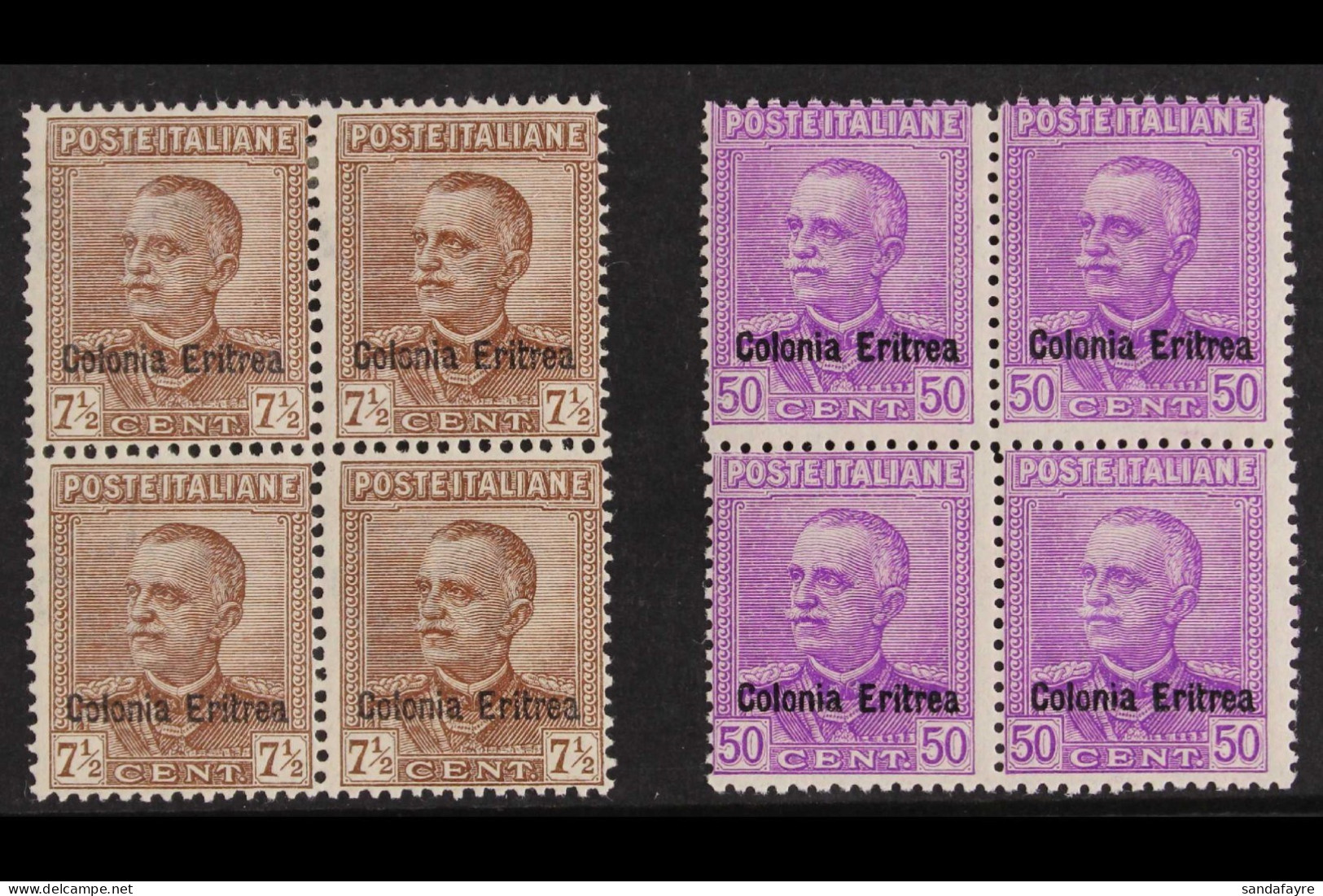 ERITREA 1928-29 7Â½c Brown And 50c Bright Mauve, Sassone 142/143, Fmint Blocks Of Four, The Lower Pair In Each Never Hin - Autres & Non Classés