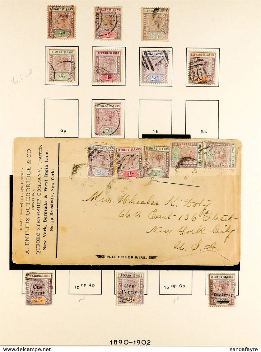 1890 - 1954 USED COLLECTION On Pages, 1890 Most Vals To 7d, Also 5 Stamps On Cover, 1902 Surcharges Set, 1902 Most Vals  - Leeward  Islands