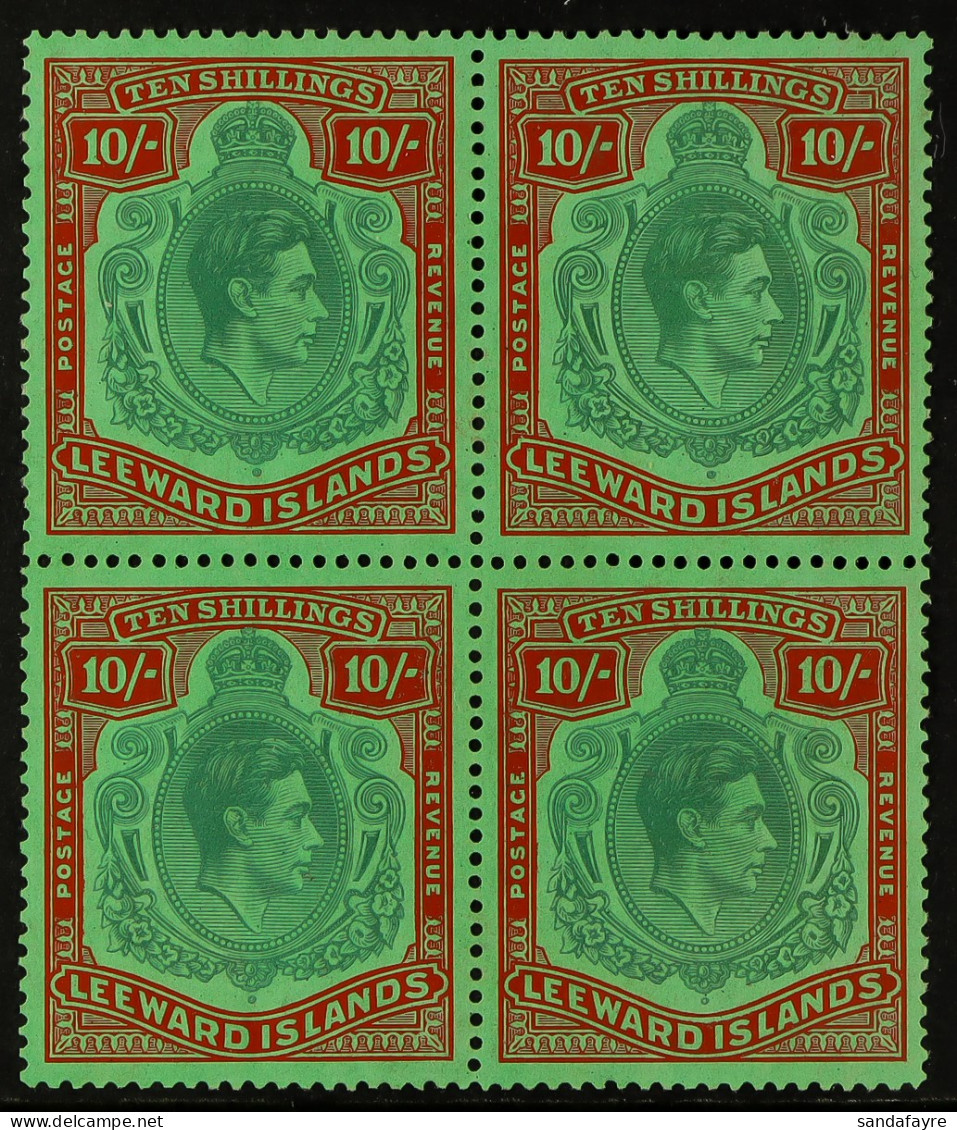 1938 10s Bluish Green And Deep Red / Green, SG 113, Never Hinged Mint Block Of Four With Normal Streaky Gum. Cat Â£800. - Leeward  Islands