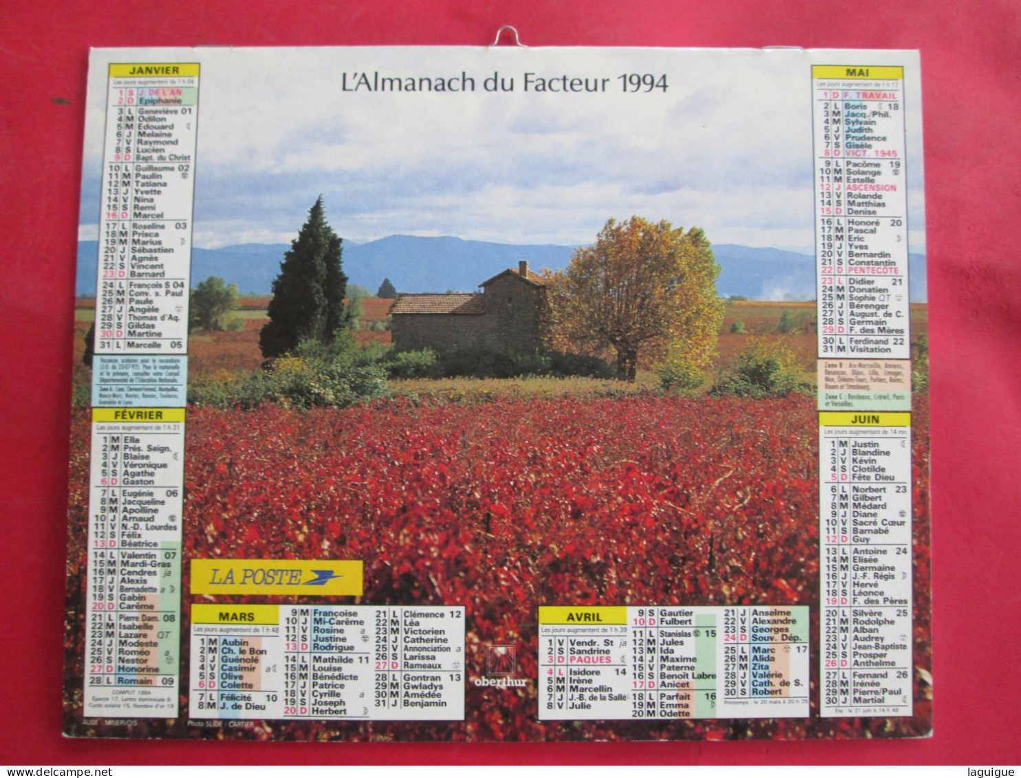 CALENDRIER ALMANACH 1994 CAMPAGNE VILLAGE + PONT  OBERTHUR - Grand Format : 1991-00
