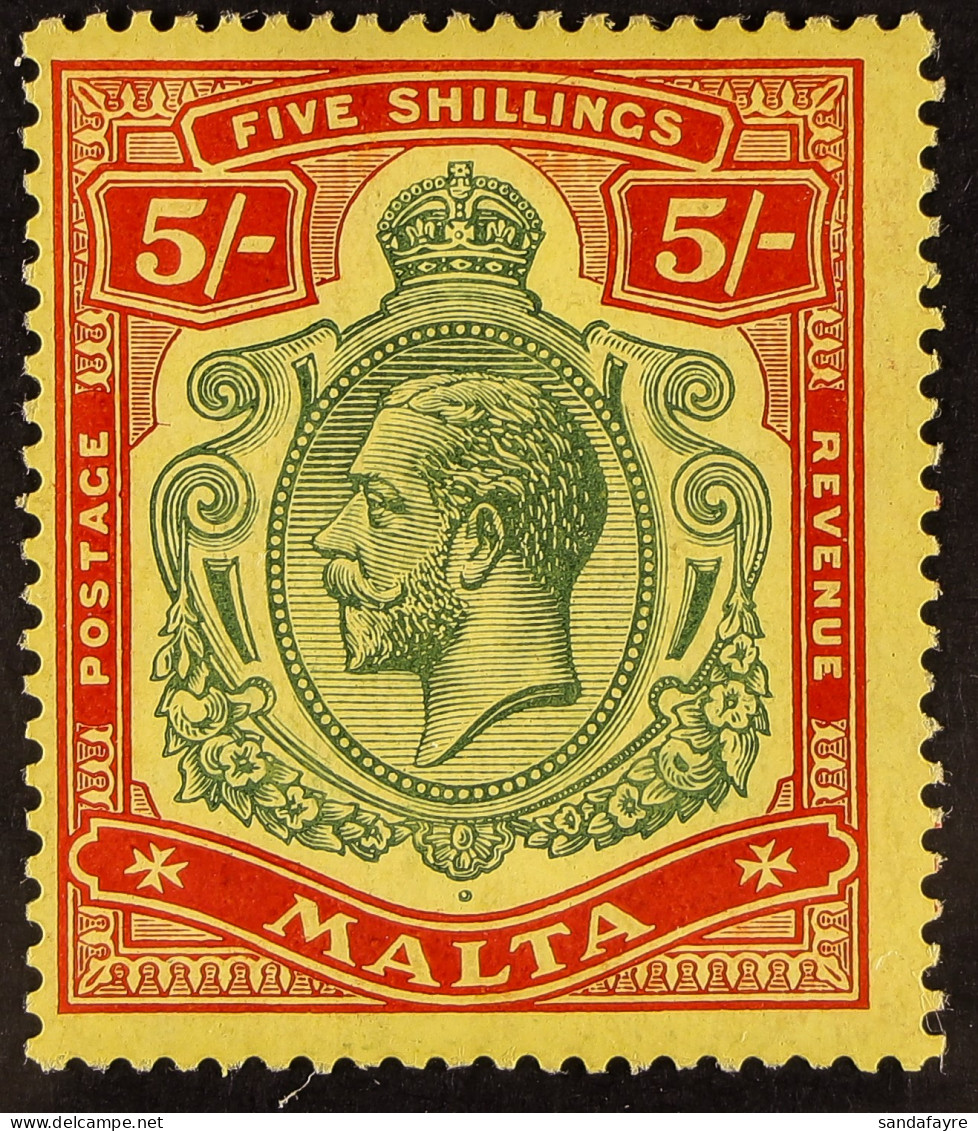 1914-21 5s Green And Red/yellow With 'NICK IN TOP RIGHT SCROLL' Variety, SG 88c, Fine Mint, Cat Â£600 - Malte (...-1964)