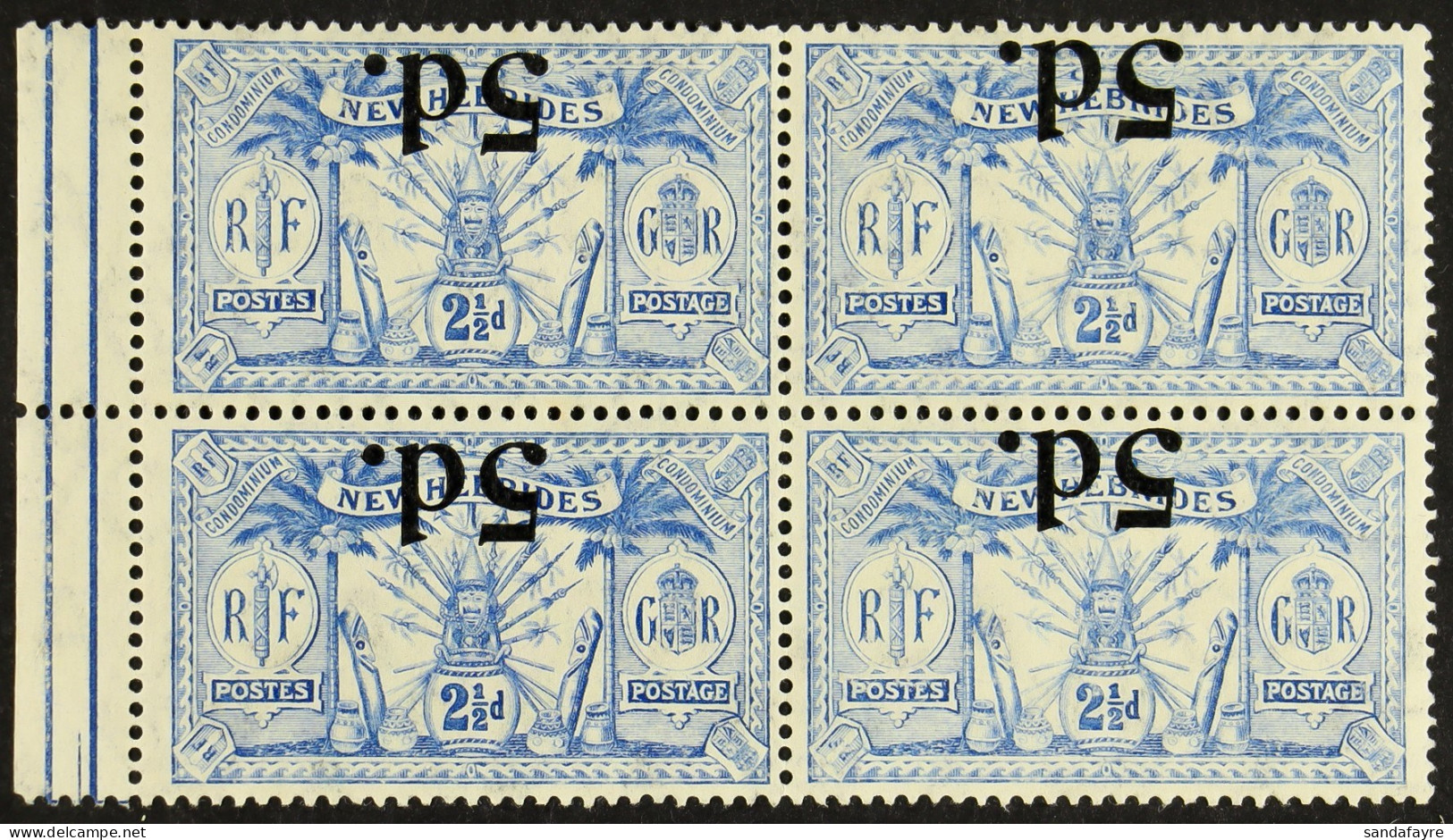 1924 5d On 2Â½d Ultramarine With SURCHARGE INVERTED In Block Of Four With Sheet Margin At Left, Mint With Two Stamps Sho - Otros & Sin Clasificación