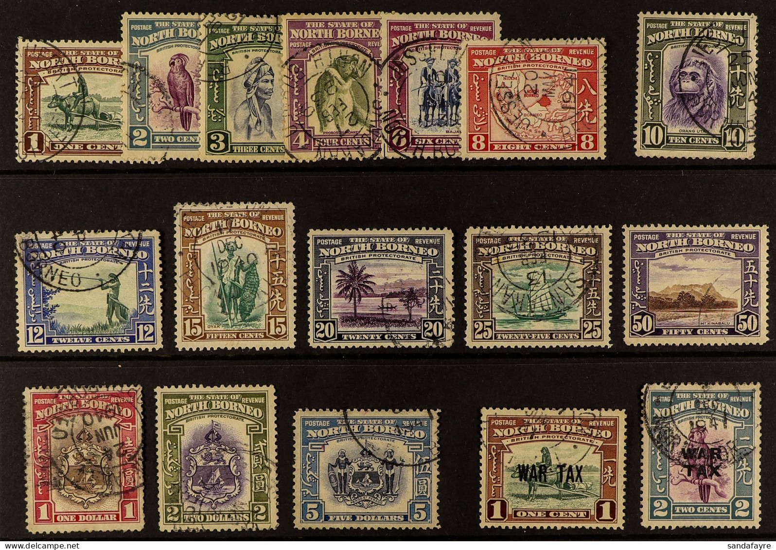 1939 Pictorials Complete Set + 1941 War Tax Set, SG 303/317, 318/319, Fine Used, Cat  Â£730 (15 Stamps) - North Borneo (...-1963)