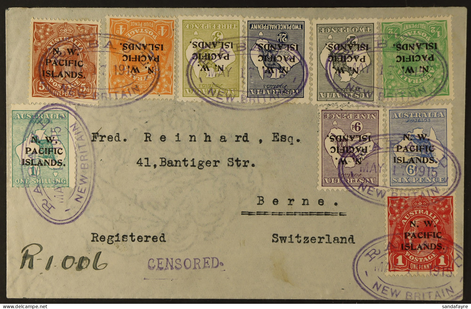 1915 (17 May) Env Registered To Switzerland Bearing A Franking Of 10 Different Overprinted Stamps (the Complete Set Of H - Papua-Neuguinea