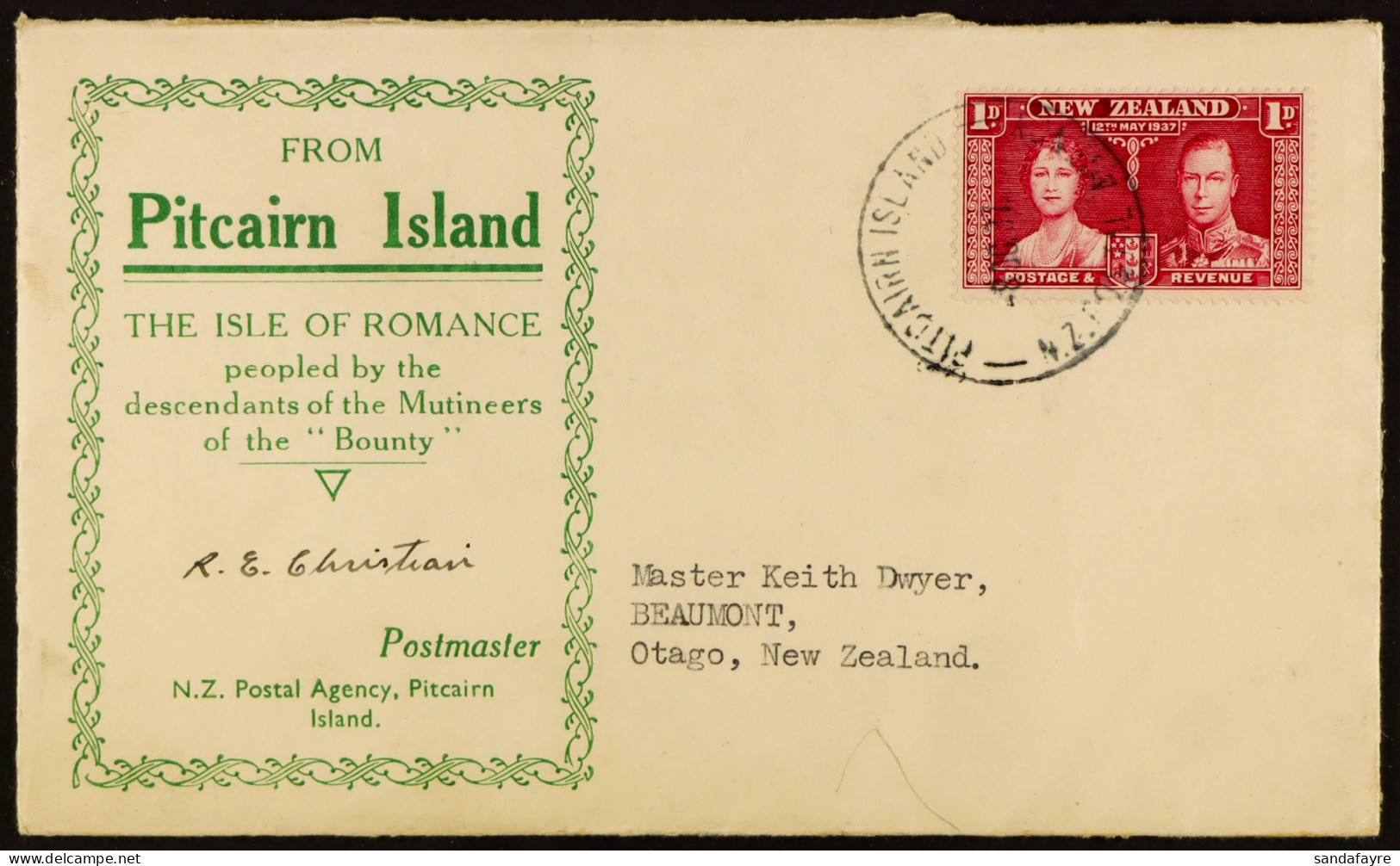 NEW ZEALAND USED IN 1937 (8 Oct) Cover Addressed To New Zealand, Bearing 1d Coronation Tied By 'Pitcairn Island' Cds, SG - Pitcairn