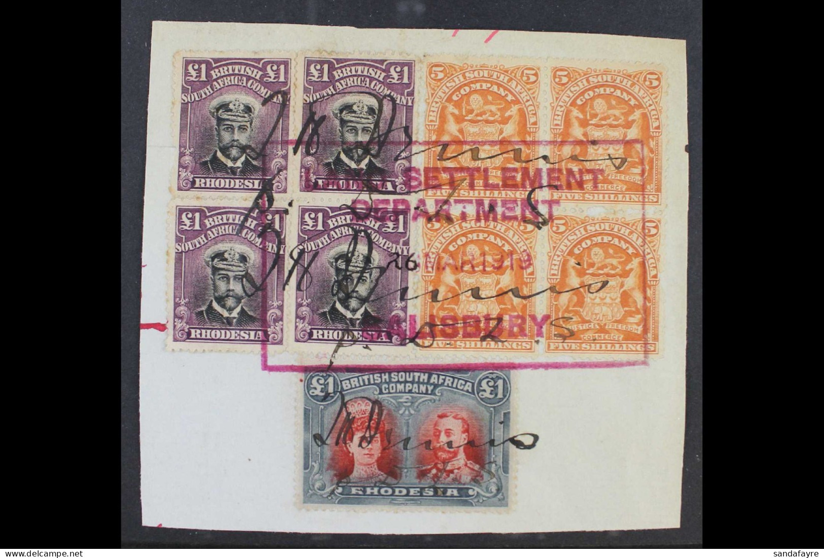 1919 Piece Bearing 1898 5s Brown-orange Block 4, 1910 Â£1 Rose-scarlet And Bluish-black Double Head (SG 166) & Four Exam - Other & Unclassified