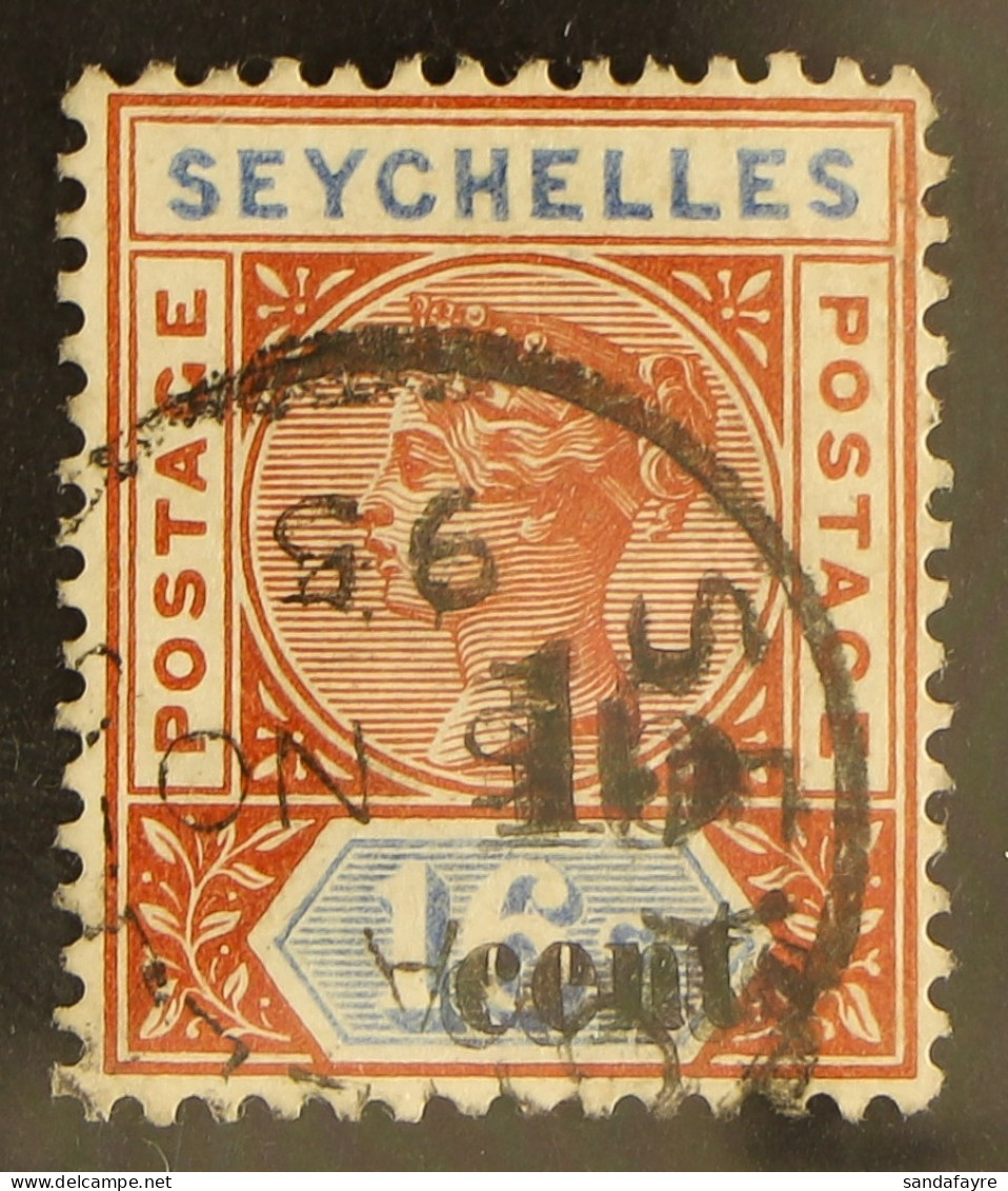 1893 15c On 16c Chestnut And Ultramarine (Die II) With SURCHARGE DOUBLE, SG 19b, Very Fine Used, Cat. Â£750. - Seychelles (...-1976)