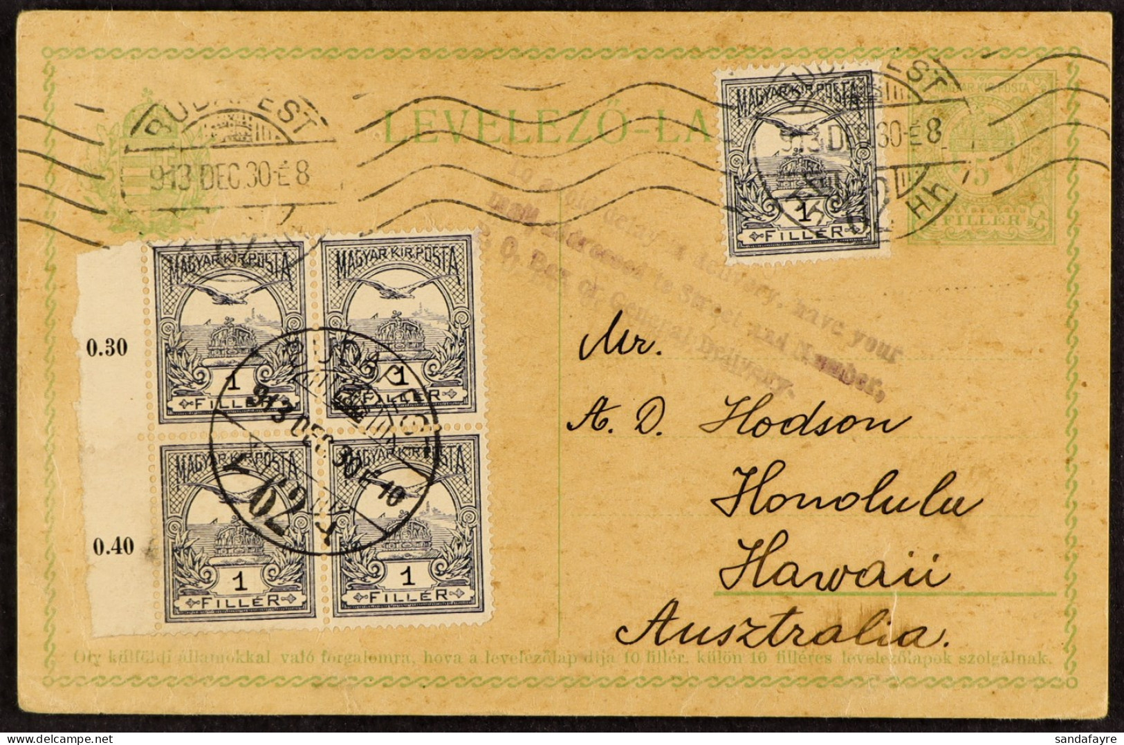 POSSESSIONS - HAWAII Incoming Mail: 1930 (13 Dec) Hungarian 5f Postal Card Uprated With 5x 1f Slate Stamps, Sent To 'Haw - Otros & Sin Clasificación