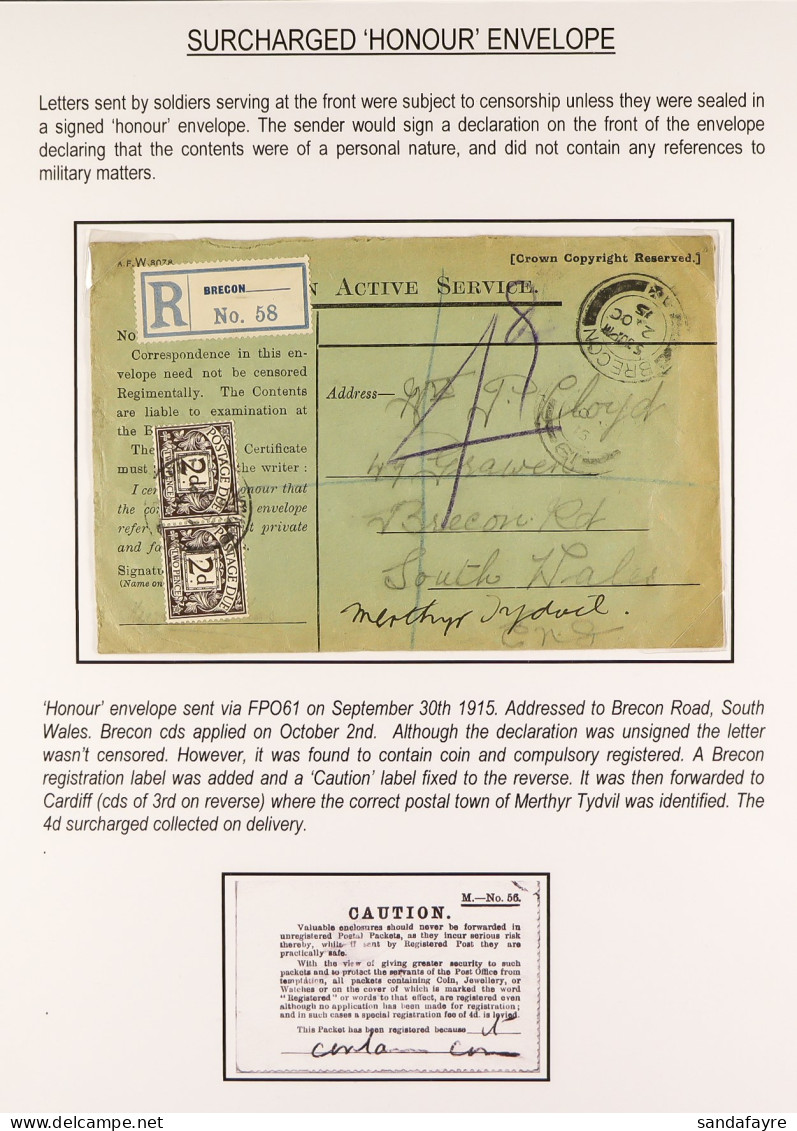 WW1 POSTAGE DUE MILITARY MAIL COLLECTION An Interesting Range Of Largely Postcards Written Up On Pages, Incl. Censored,  - Andere & Zonder Classificatie