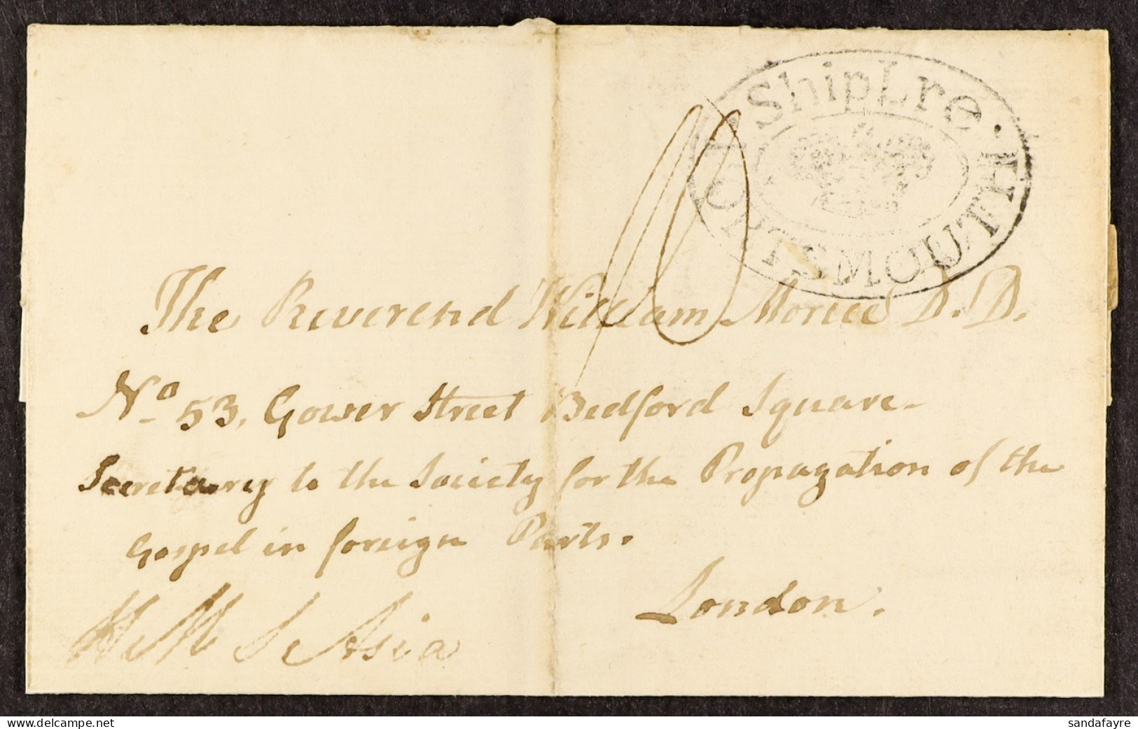STAMP - PORTSMOUTH SHIP LETTER 1800 (30th June) A Letter Carried By H.M.S. â€˜Asiaâ€™ From St. Andrews, New Brunswick, T - ...-1840 Voorlopers