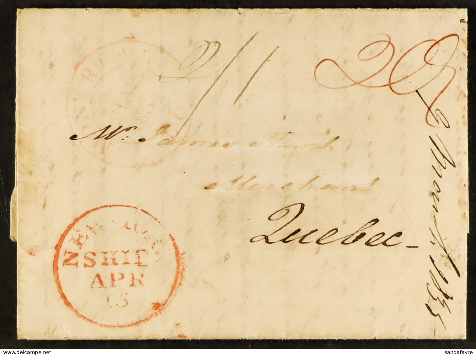 STAMP - PORTSMOUTH SHIP LETTER 1835 (9th March) A Letter From London To Quebec, Canada, 9th March 1835, â€˜Ontarioâ€™ (R - ...-1840 Vorläufer