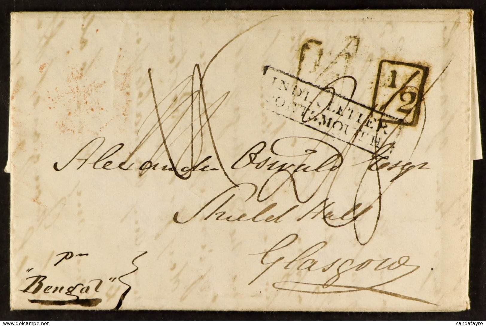 STAMP - PORTSMOUTH SHIP LETTER 1835 (13th October) A Letter From Meerut, Uttar Pradesh To Glasgow, Carried By â€˜Bengalâ - ...-1840 Préphilatélie