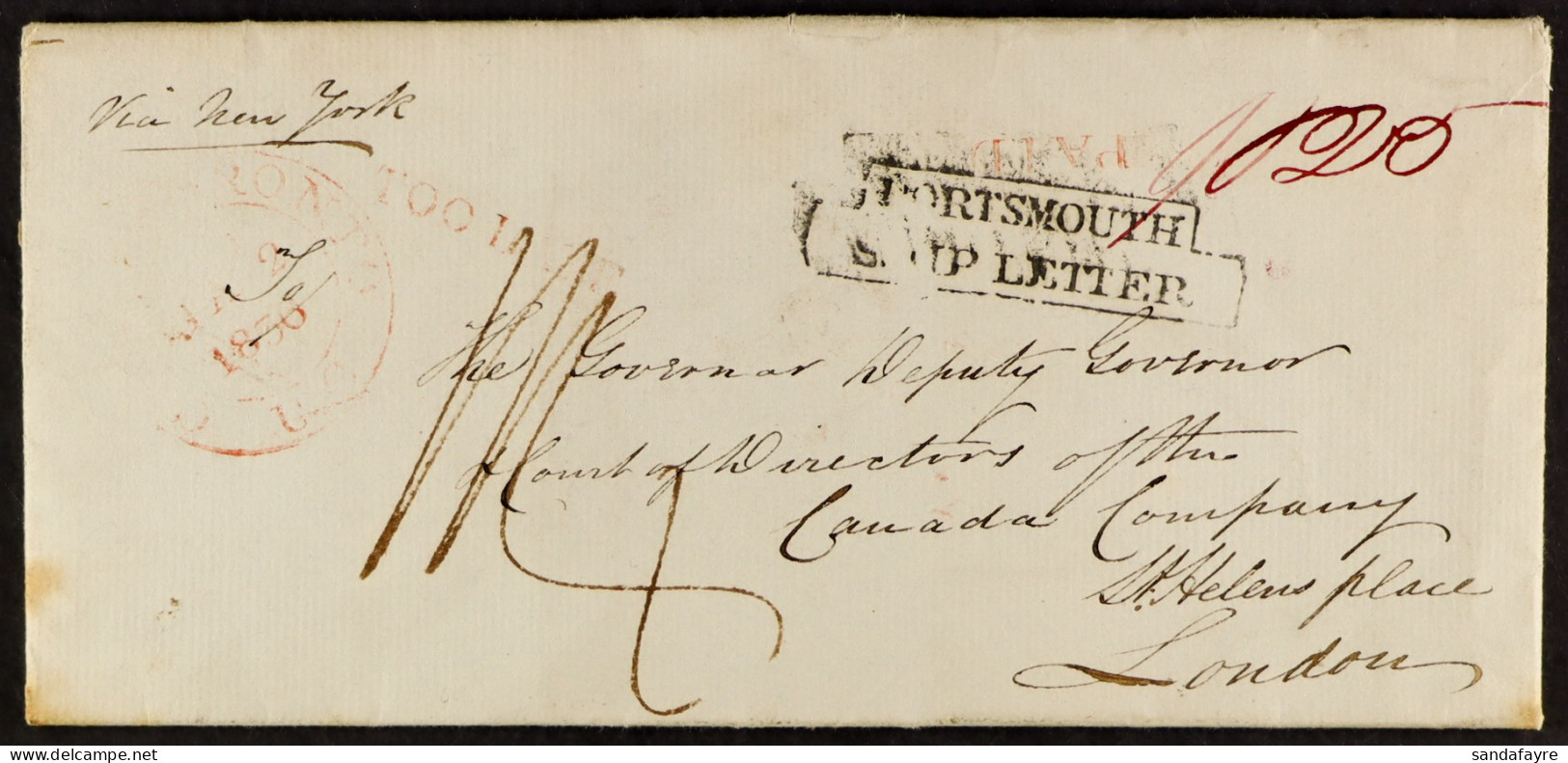 STAMP - PORTSMOUTH SHIP LETTER 1836 (2nd January) A Letter From Toronto, Canada, To London, 2nd January 1836, Carried By - ...-1840 Prephilately