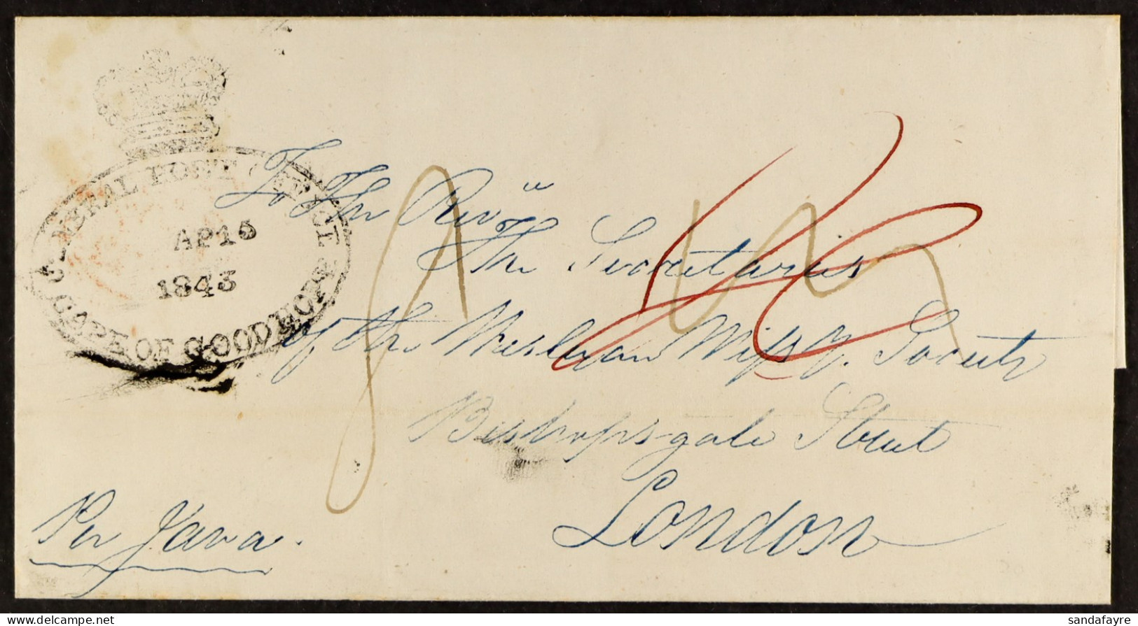 STAMP - PORTSMOUTH SHIP LETTER 1843 (15th April) A Wrapper From Cape Town To London (with Fine â€˜Cape Of Good Hope Post - ...-1840 Vorläufer