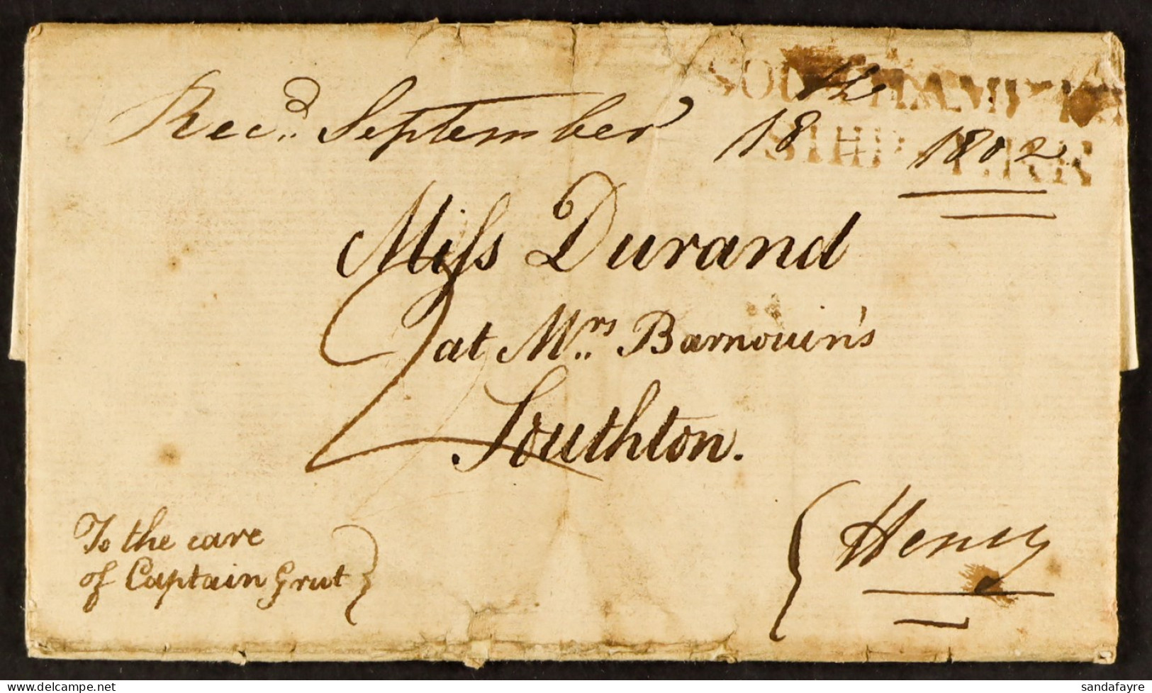 STAMP - SOUTHAMPTON SHIP LETTER 1802 (15th September) A Letter From Guernsey To Southampton, By The Cutter, Captain Grut - ...-1840 Voorlopers