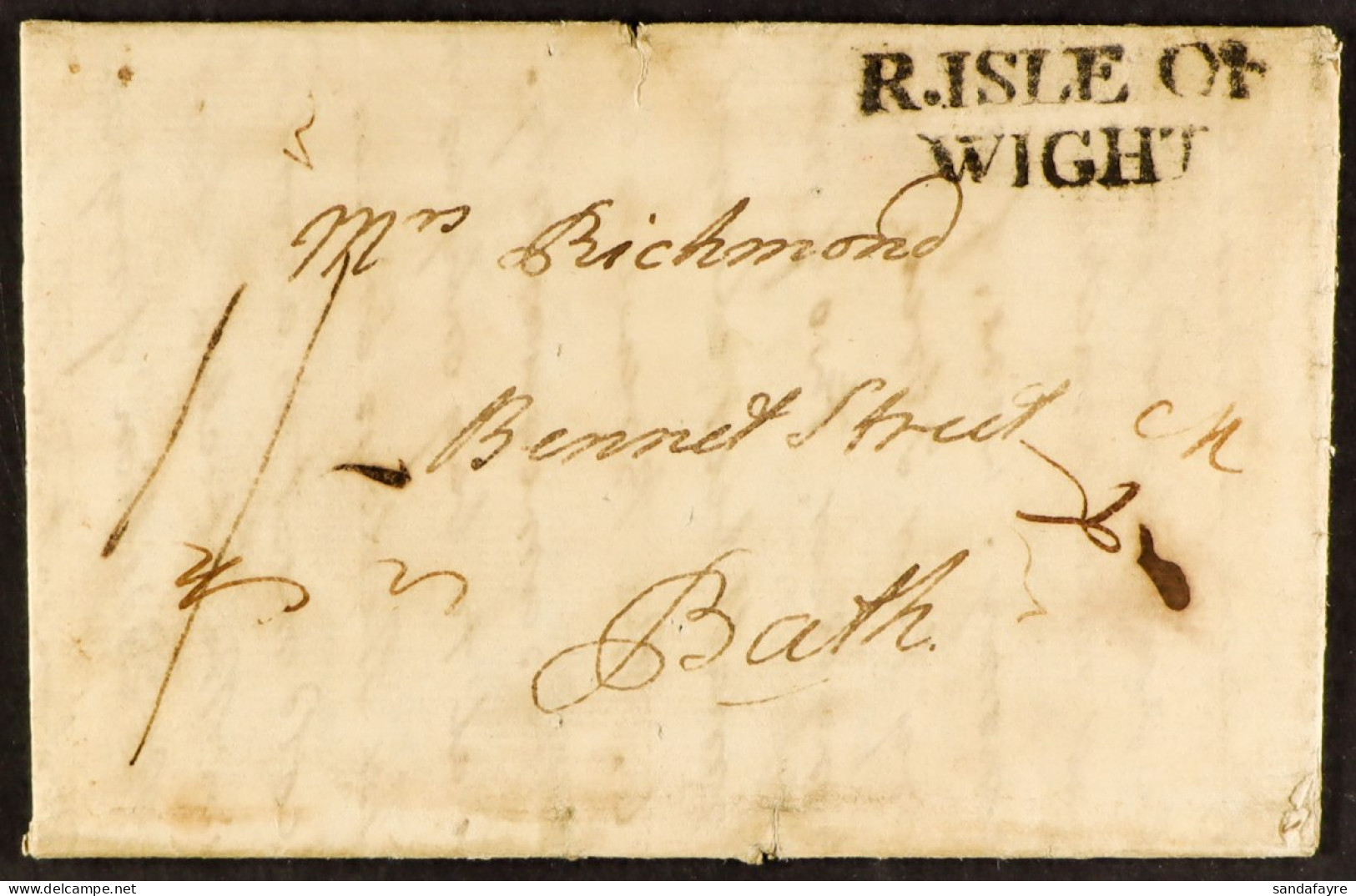 STAMP - ISLE OF WIGHT C. 1792 A Letter From Ryde, I. Of W., To Bath, Charged A Shilling With Two-line â€˜R.ISLE OF / WIG - ...-1840 Vorläufer