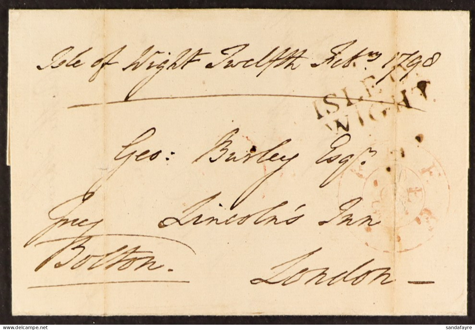 STAMP - ISLE OF WIGHT 1798 (12th February) A Privilege Letter From Cowes, I. Of W., To London, Dated 12th February 1798, - ...-1840 Vorläufer