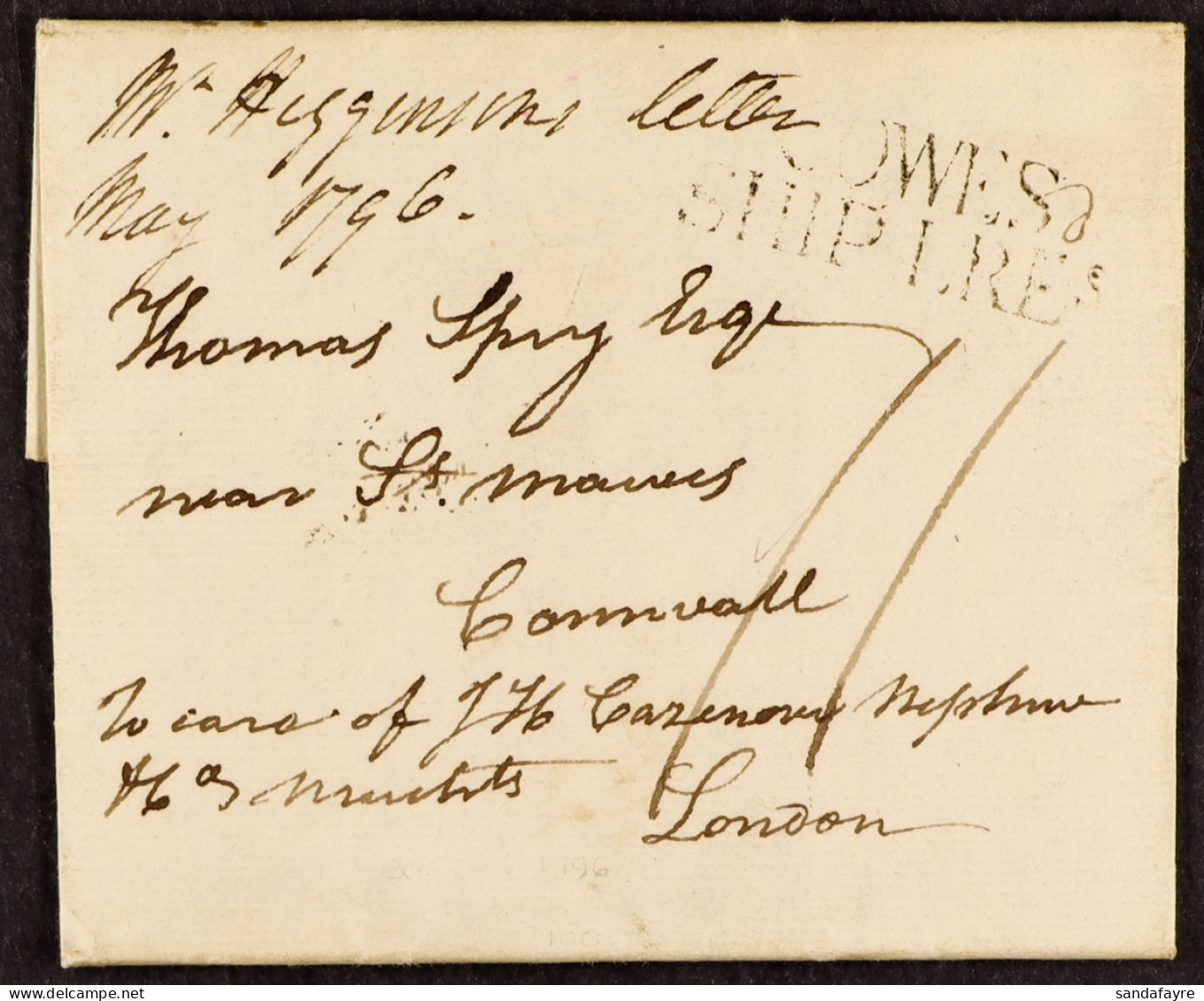 STAMP - ISLE OF WIGHT SHIP LETTER 1796 (2nd May) A Letter Dated 2nd May 1796 From Boston, Mass., To St. Mawes, Via Cowes - ...-1840 Voorlopers