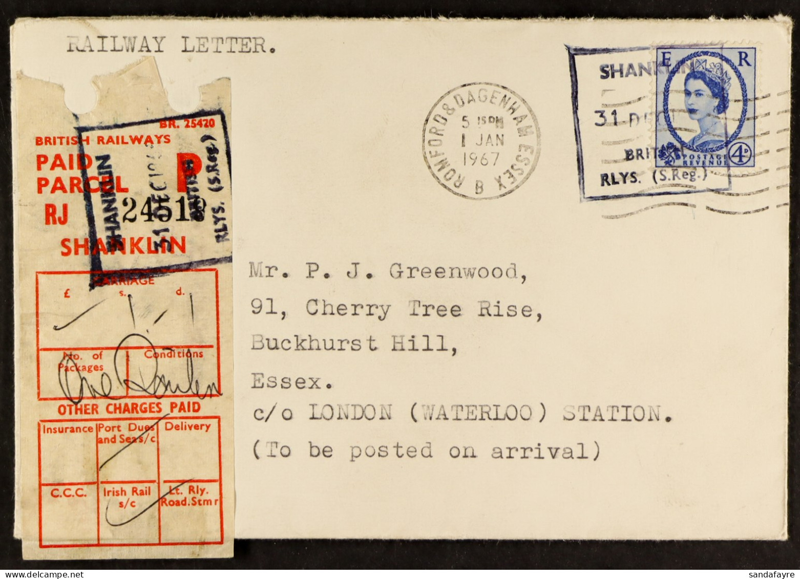 STAMP - ISLE OF WIGHT 1967 Cover To Essex, Bearing British Railways Paid Parcel Label From Shanklin, With Boxed Cancel,  - ...-1840 Préphilatélie