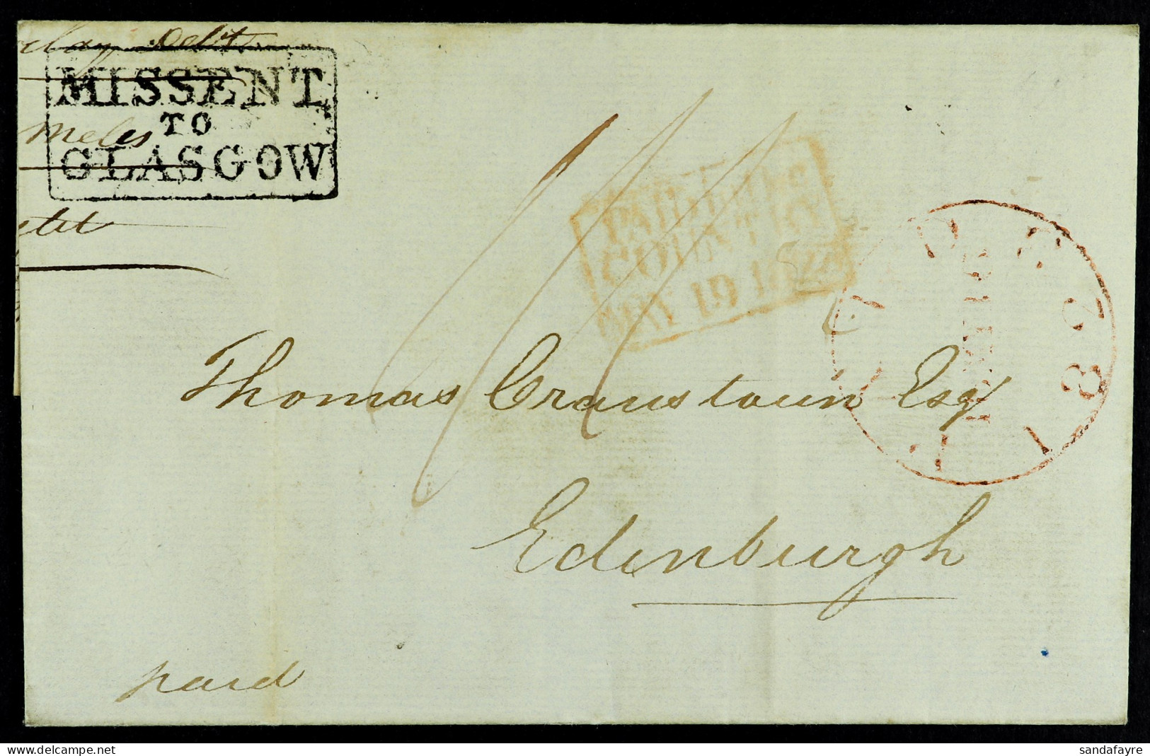 STAMP - 1823 (16 May) EL From London To Edinburgh With Framed 'MISSENT / TO / GLASGOW' Hand Stamp And Red Framed 'PAID I - ...-1840 Vorläufer