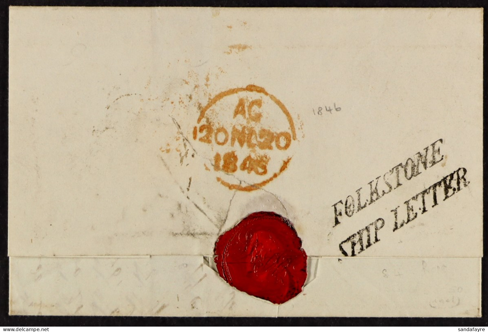 STAMP - 1846 FOLKESTONE SHIP LETTER A Wrapper To London Rated '8', And Endorsed 'p. Gypsy To The Channel', Showing On Re - ...-1840 Prephilately