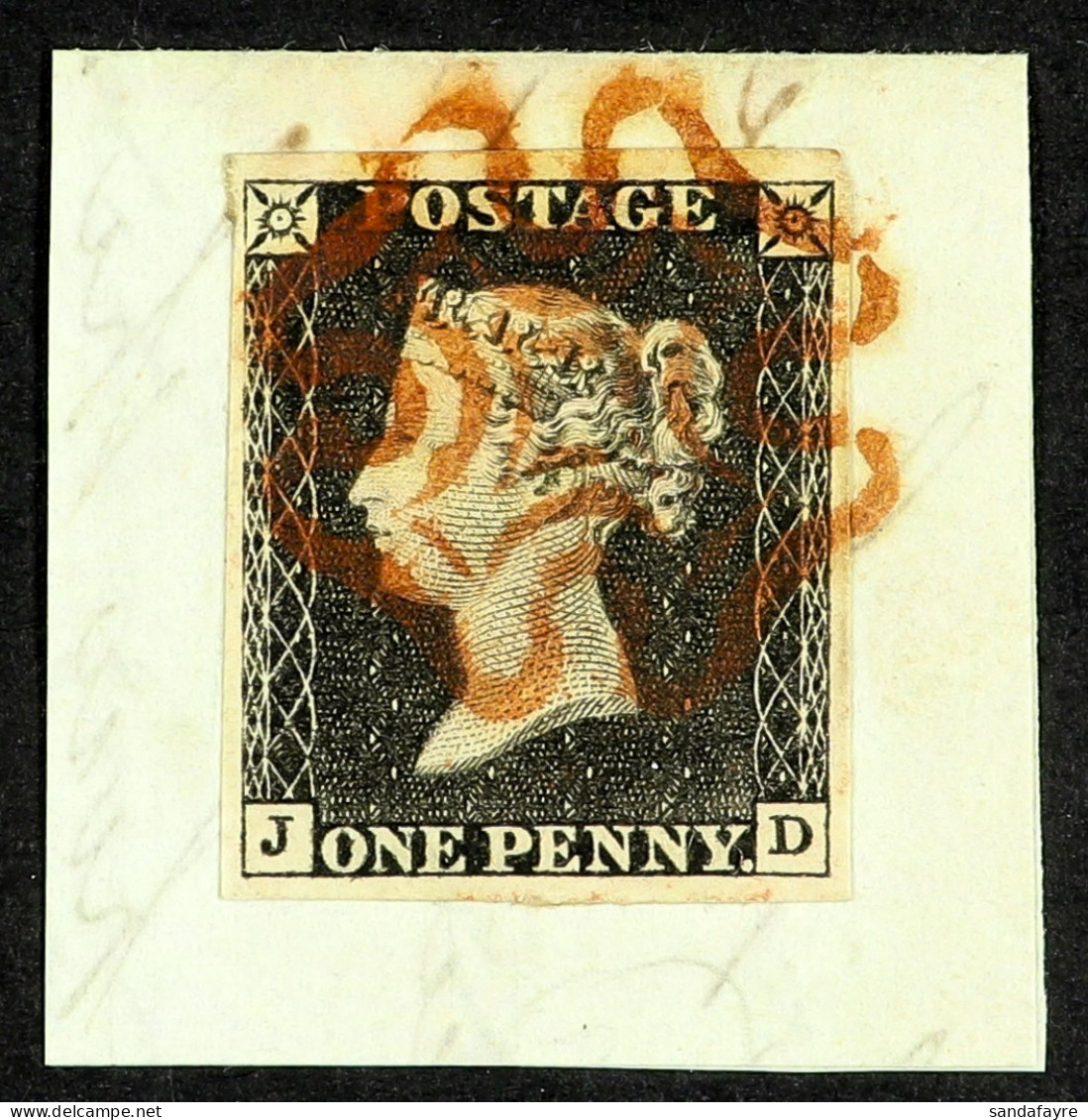 1840 1d Black 'JD' From Plate 1a, SG 2, Very Fine Used With 4 Good To Very Large Margins, Tied To Piece By Superb Red MC - Zonder Classificatie