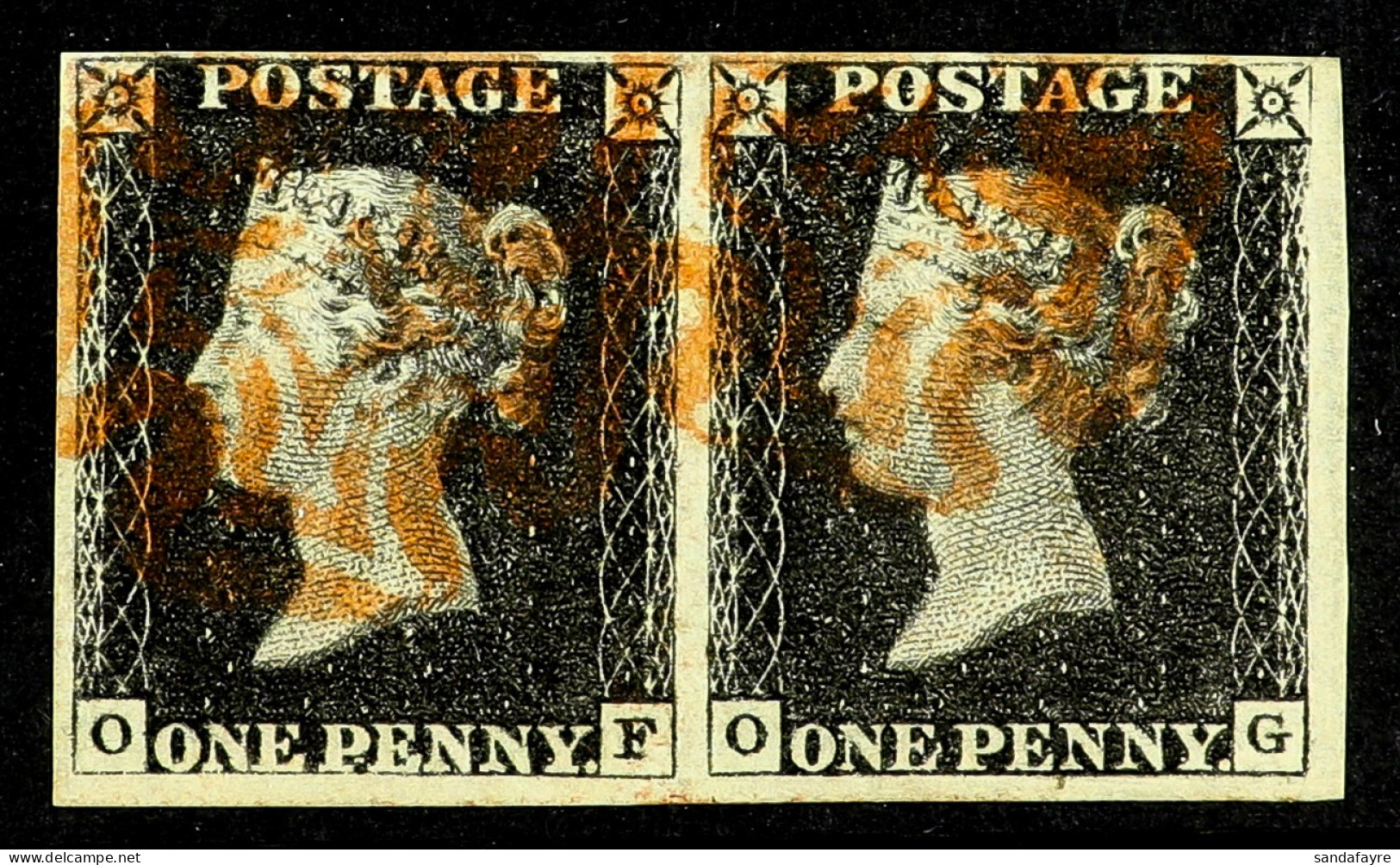 1840 1d Black 'OF / OG' Pair From Plate 1b With WATERMARK INVERTED, SG 2w (Spec AS5l.), Very Fine Used With 4 Margins An - Non Classés