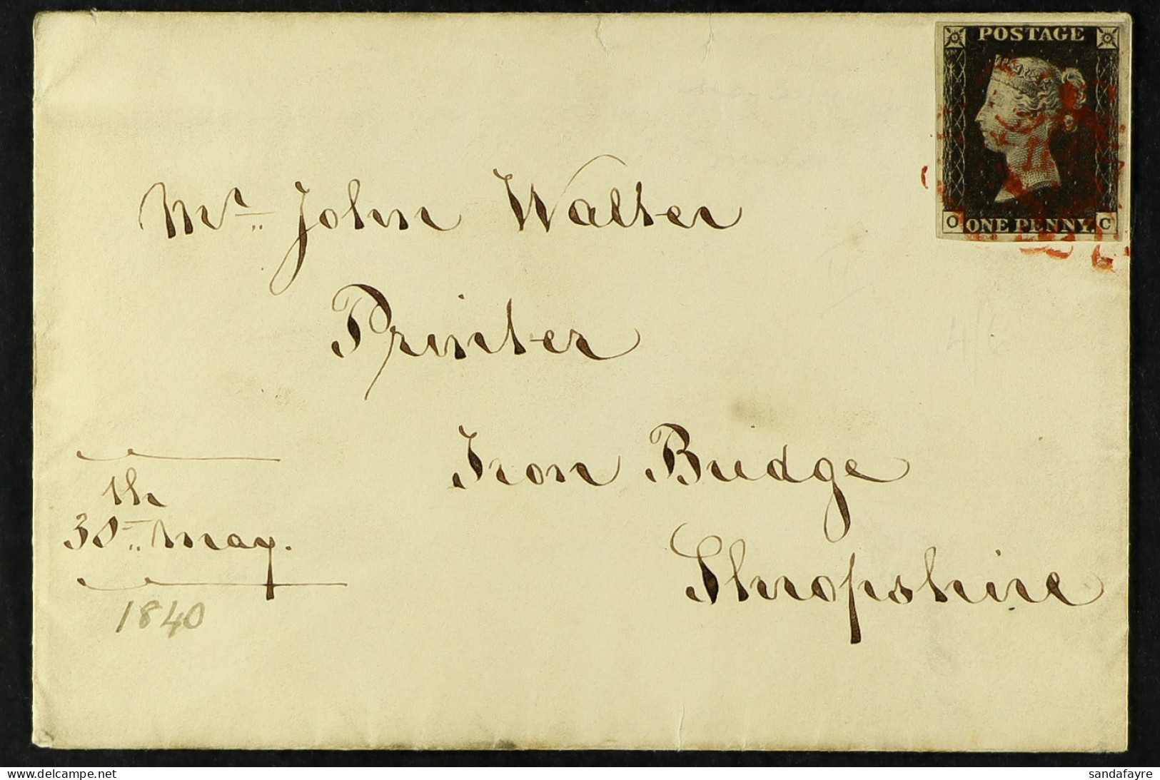 1840 MAY DATE. 1840 (30 May) Env From Leamington To Iron Bridge Bearing 1d Black 'OC' Plate 2 With 4 Large / Very Large  - Ohne Zuordnung