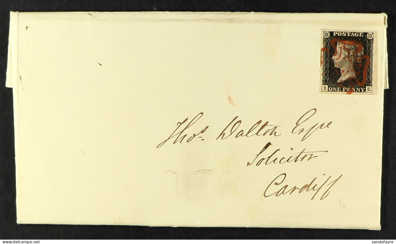 1841 (19 Jan) EL From Abergavenny To Cardiff Bearing 1d Black 'I L' Plate 6 With 4 Large / Huge Neat Margins Cancelled B - Non Classés
