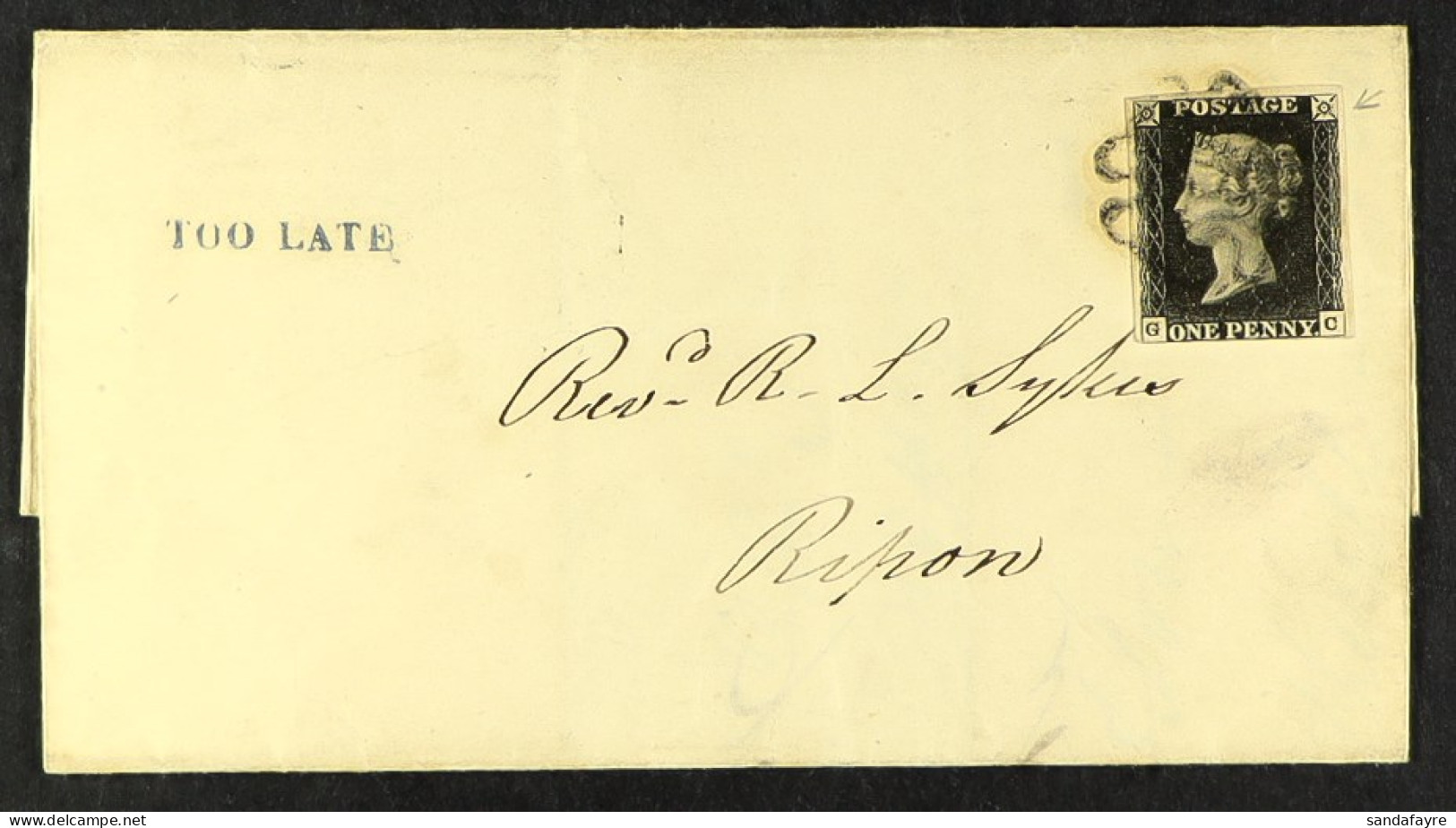 1841 (29 Aug) EL From Catterick To Ripon Bearing 1d Black 'GC' Plate 6 (good Margins Just Brushing At The Base) Tied Bla - Unclassified