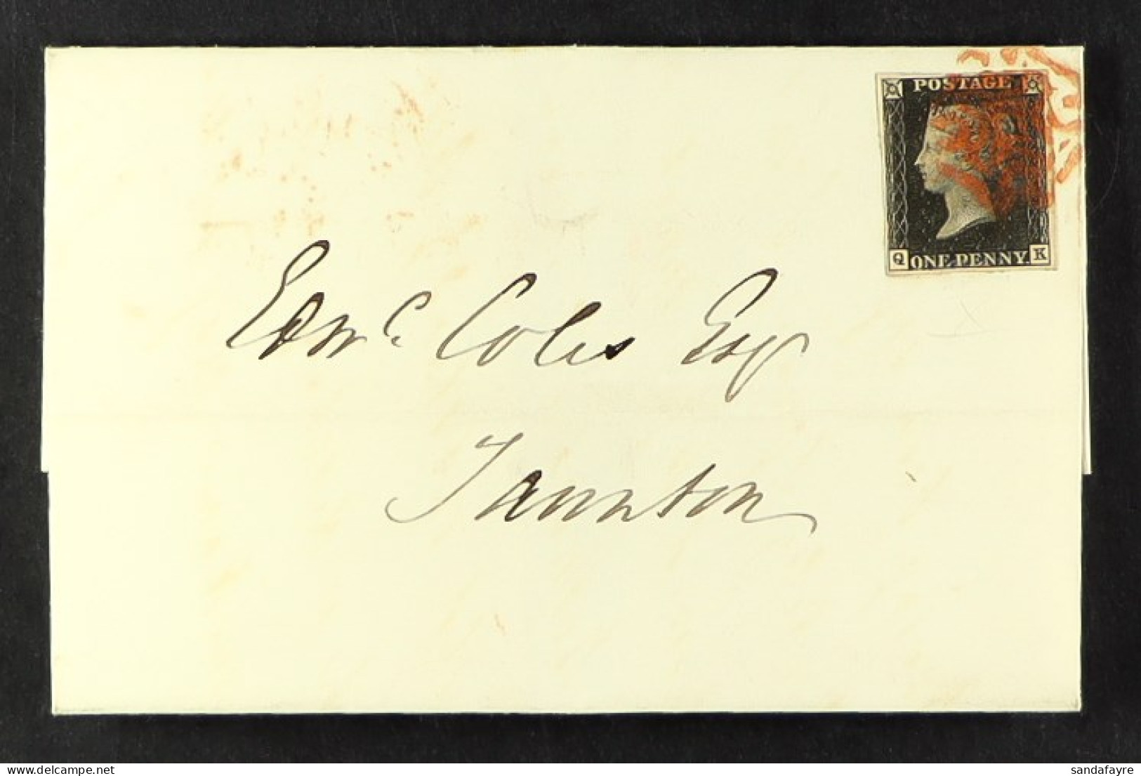 1841 (30 Jan) Wrapper From Bristol To Taunton Bearing 1d Black 'QK' Plate 10 With 4 Good / Large Neat Margins Tied By RE - Ohne Zuordnung