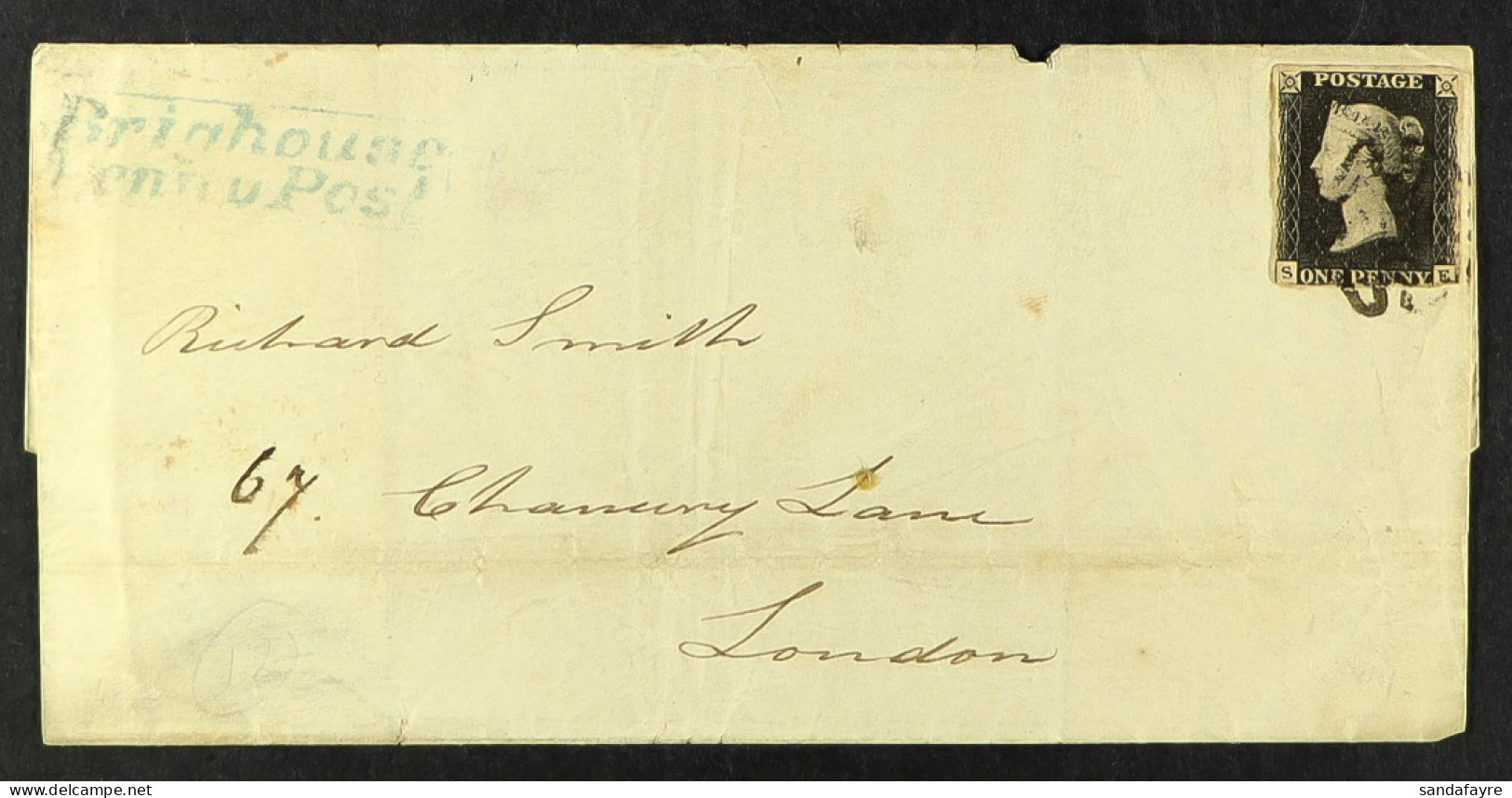 1841 (4 Jly) Wrapper Bearing 1d Black 'SE' With 3 Margins, Tied By MC Cancellation With Fair 'Brighouse / Penny Post' Ha - Sin Clasificación