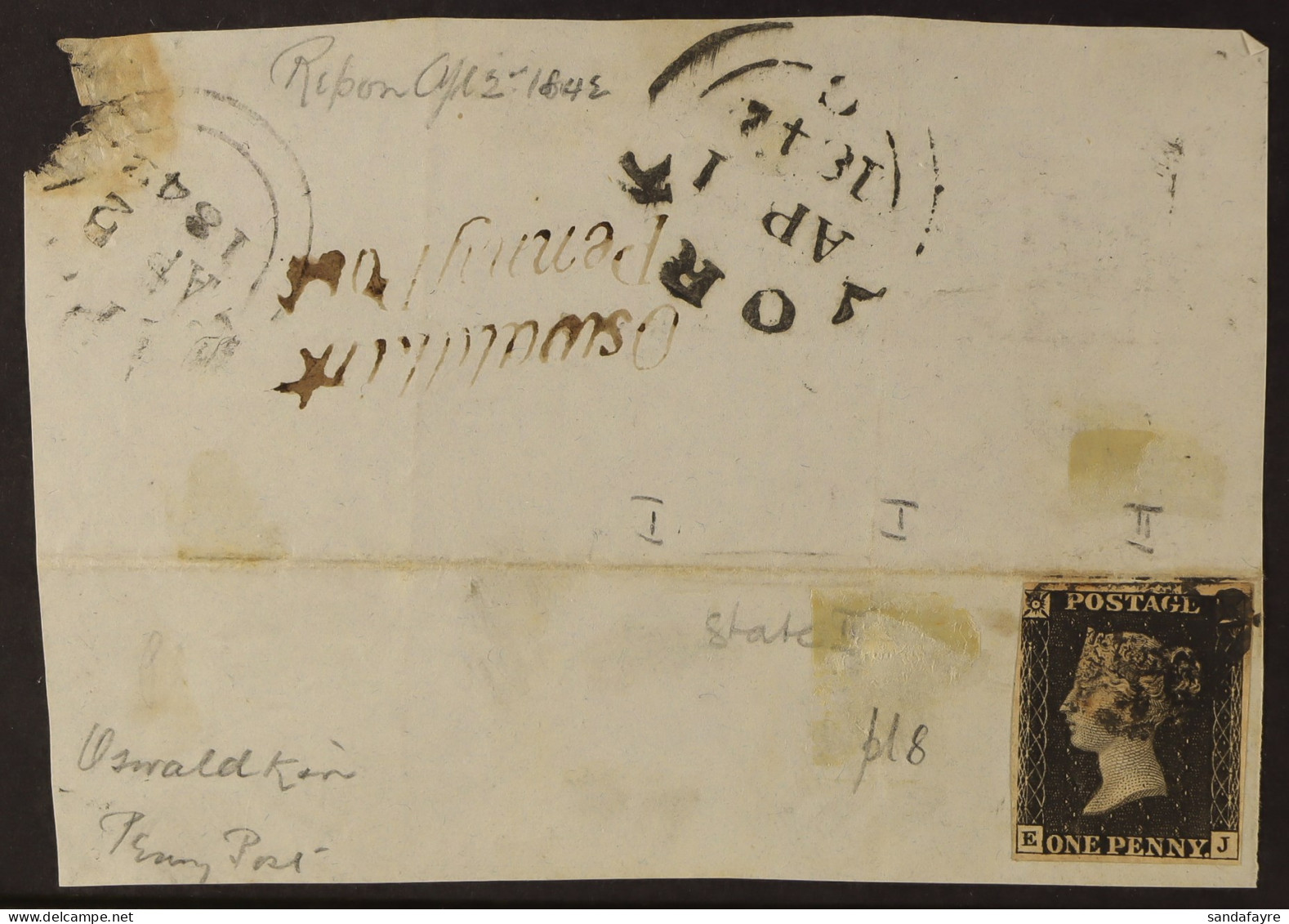 1842 (1 Apr) Large Piece Bearing 1d Black 'EJ' Plate 2 With Good Margins Just Touching At Top Left Side With 'Oswaldkirk - Sin Clasificación