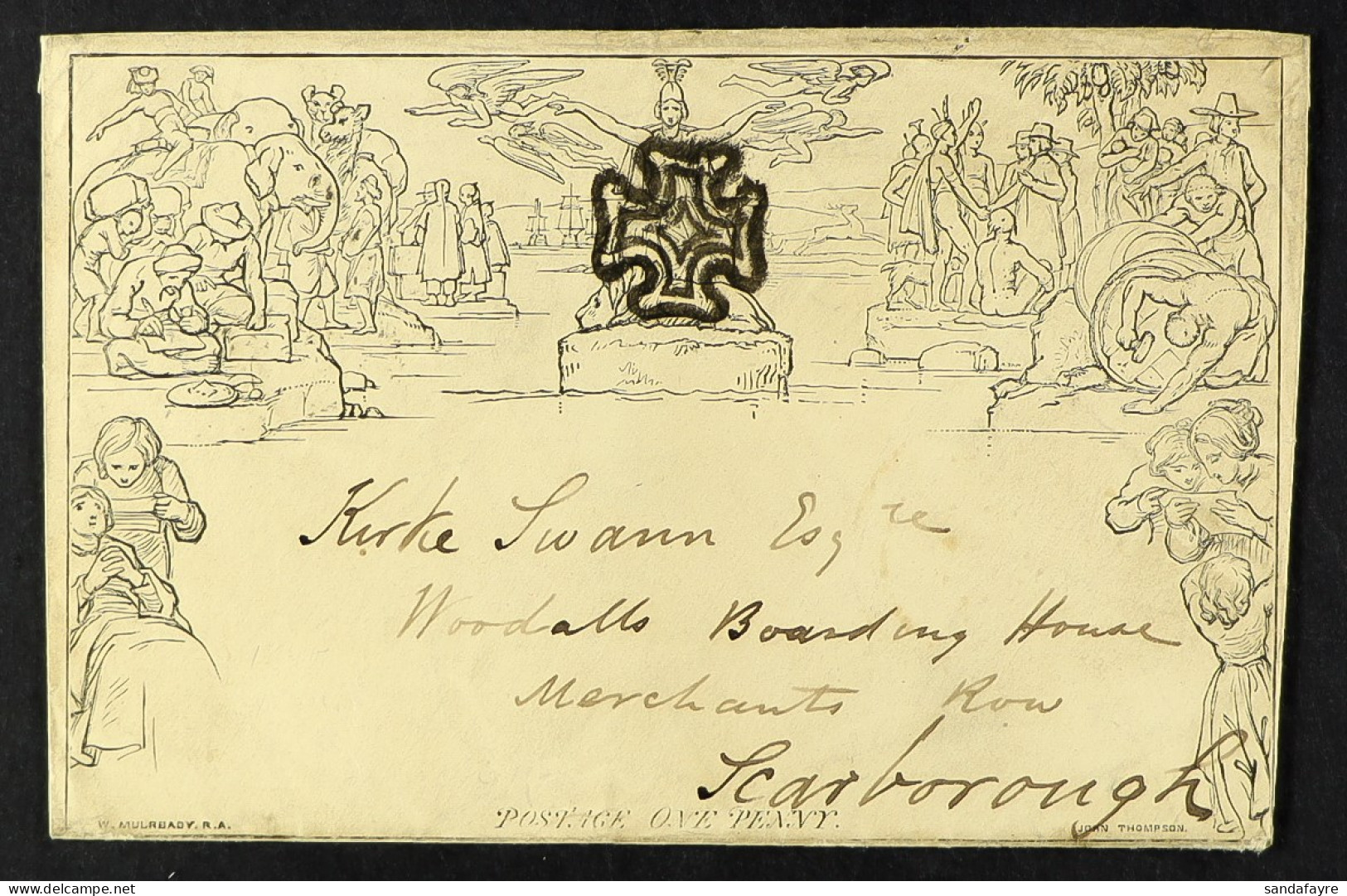 1840 1d Black Mulready Envelope (A167), SG ME2, Sent From Cambridge To Scarborough Cancelled By Superb Black MC With Cir - Other & Unclassified