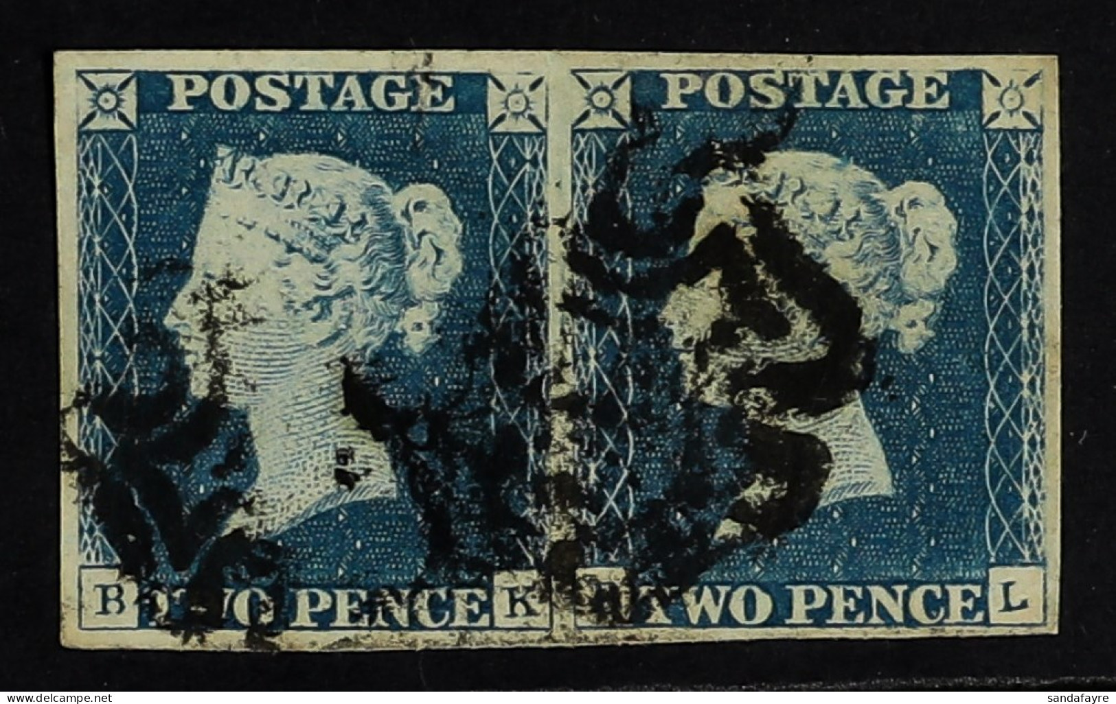 1840 2d Blue 'BK-BL' Plate 1 Pair, SG 5, Used With 4 Good To Large Neat Margins. Cat Â£1950. - Other & Unclassified